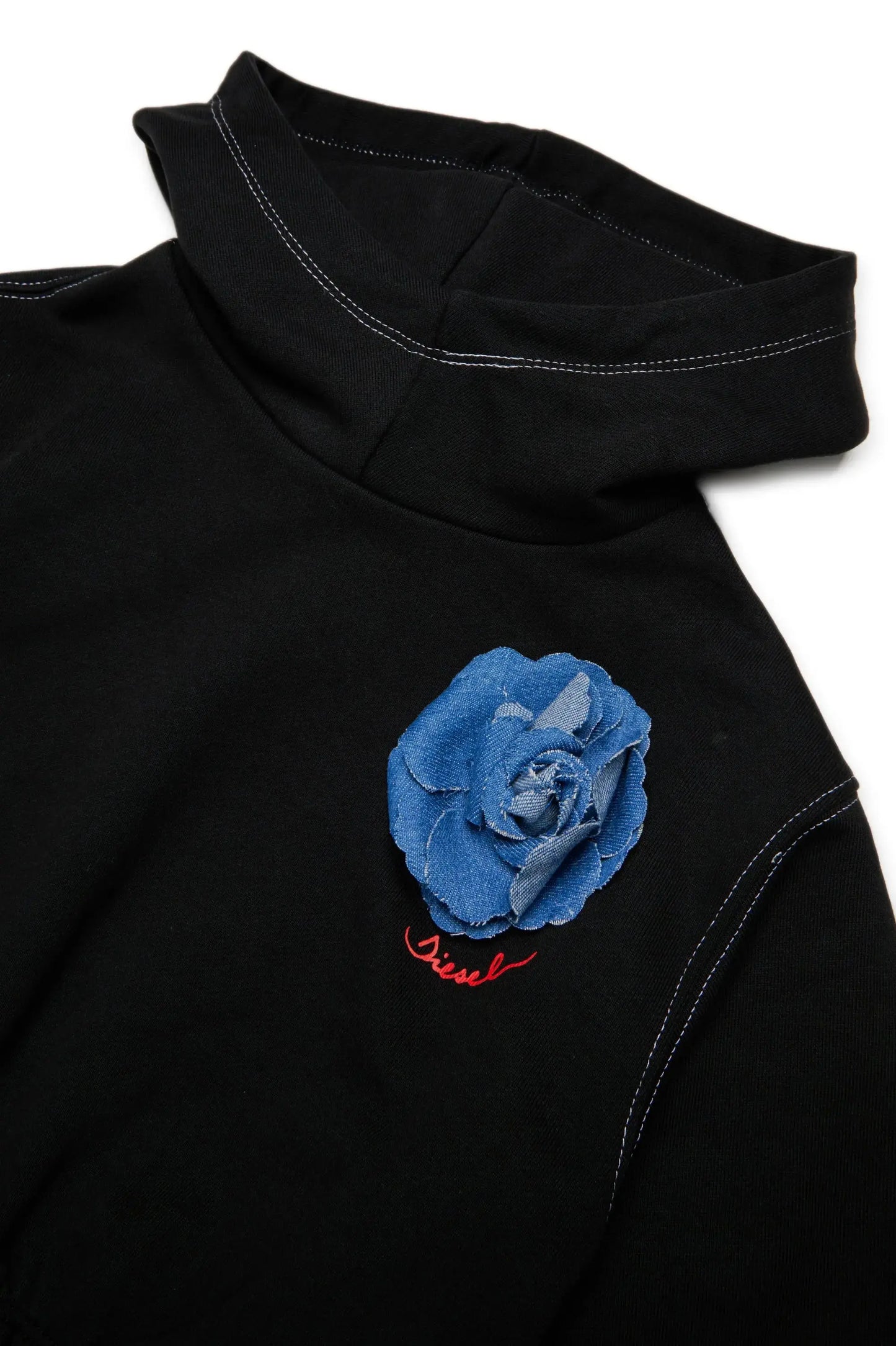 Hoodie with denim rose appliqué