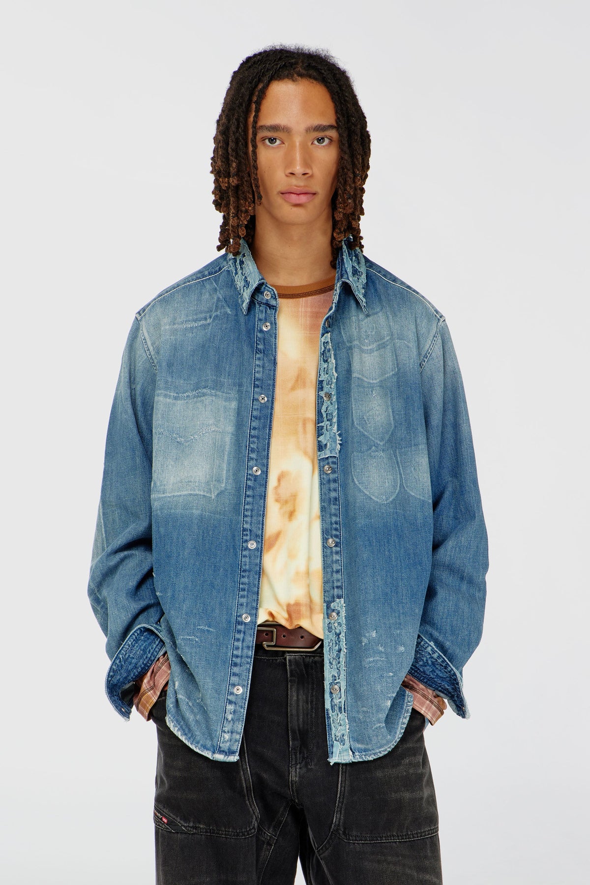 Shirt in distressed patch-effect denim