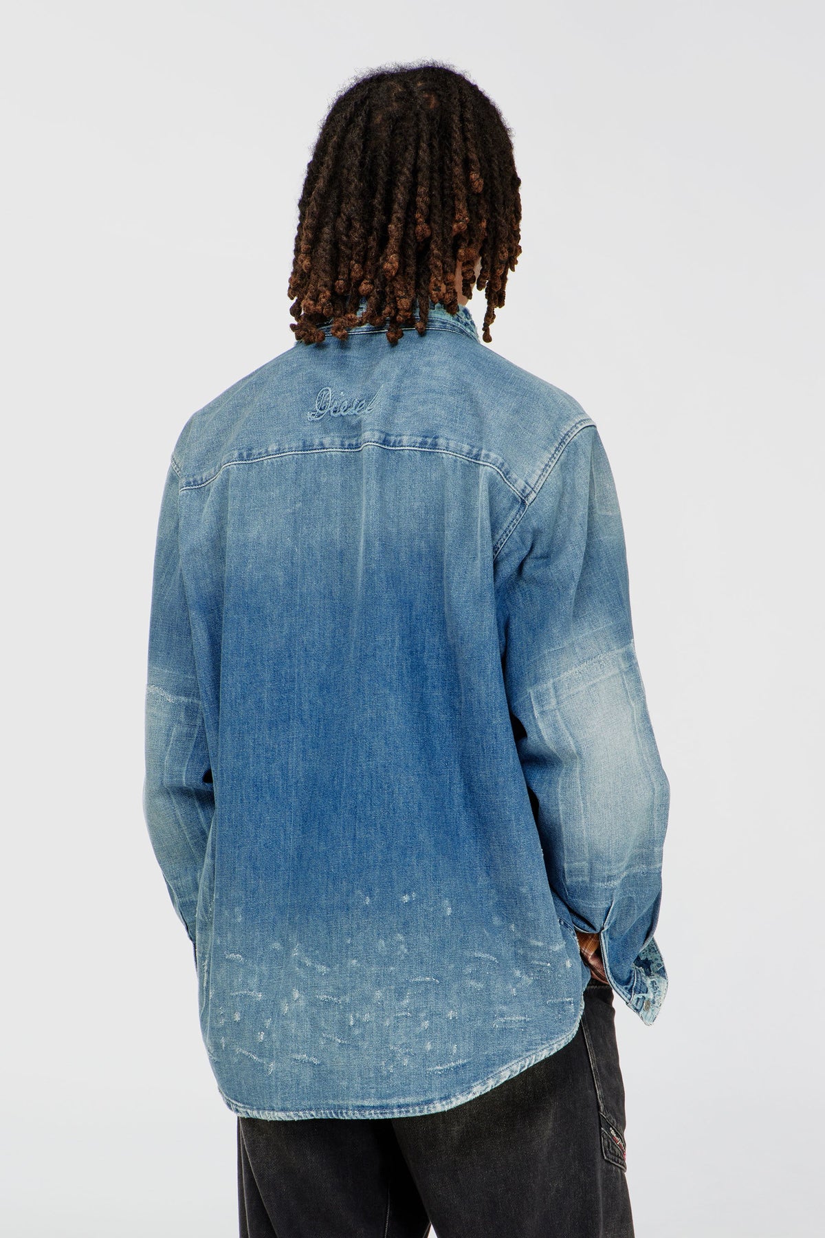Shirt in distressed patch-effect denim