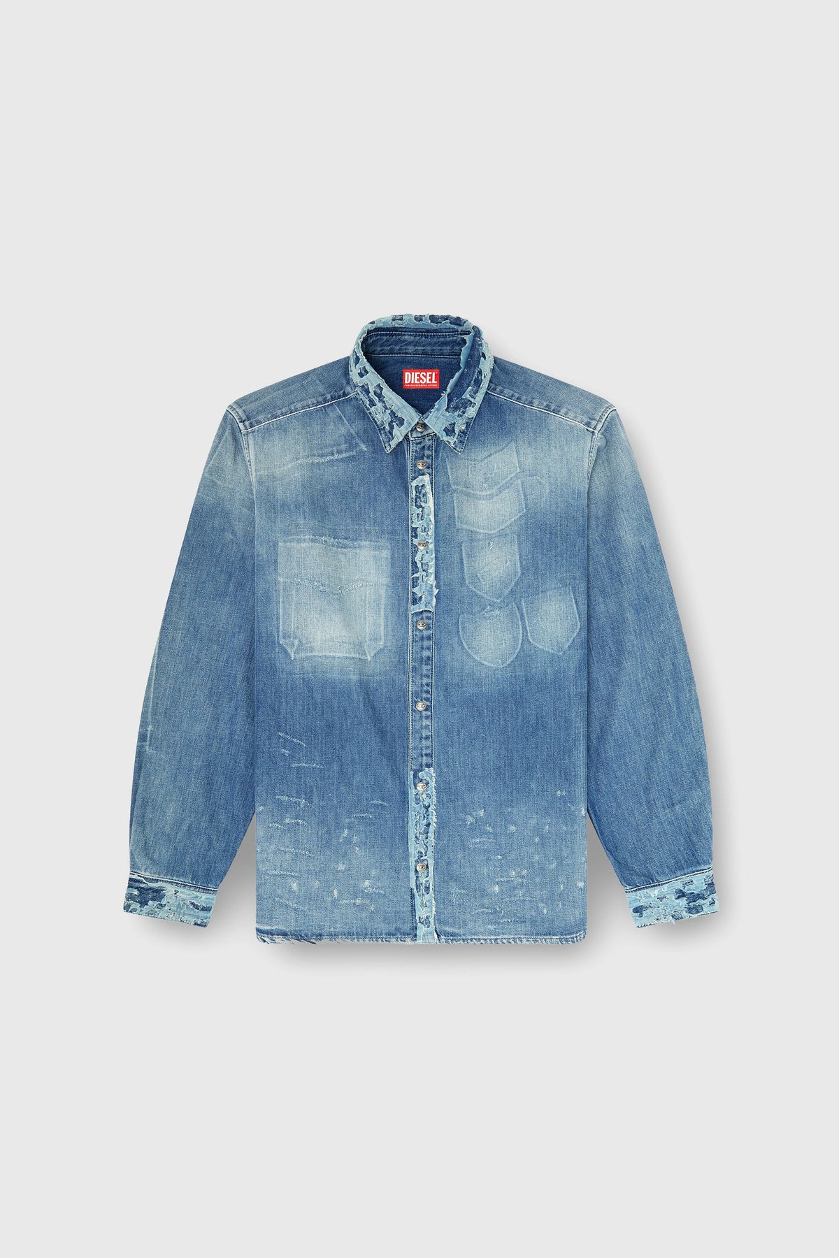 Shirt in distressed patch-effect denim