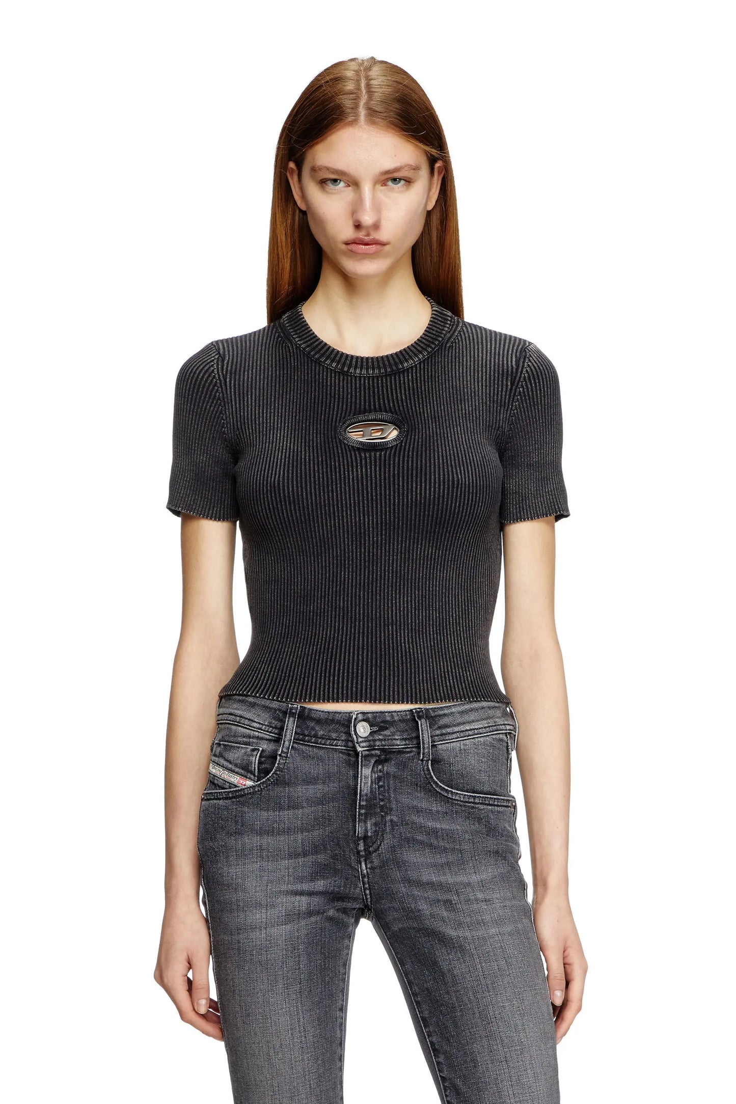 Short-sleeve top with cut-out logo