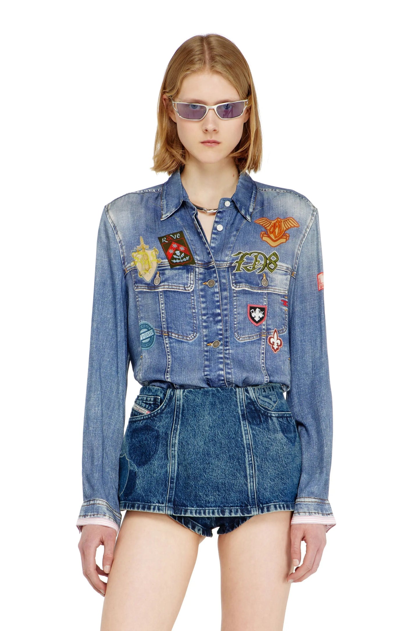 Satin shirt with trompe-l'oeil denim print