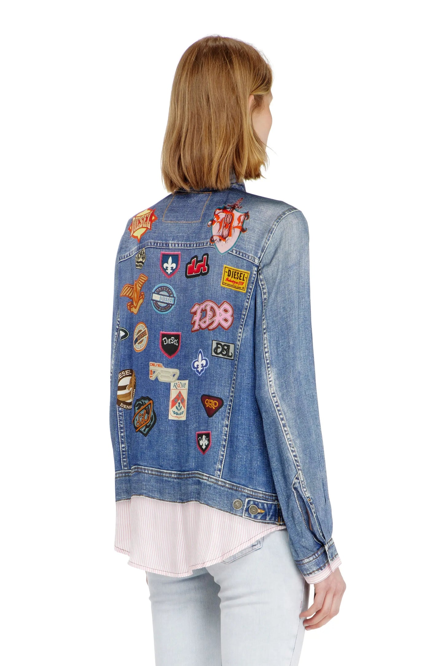 Satin shirt with trompe-l'oeil denim print