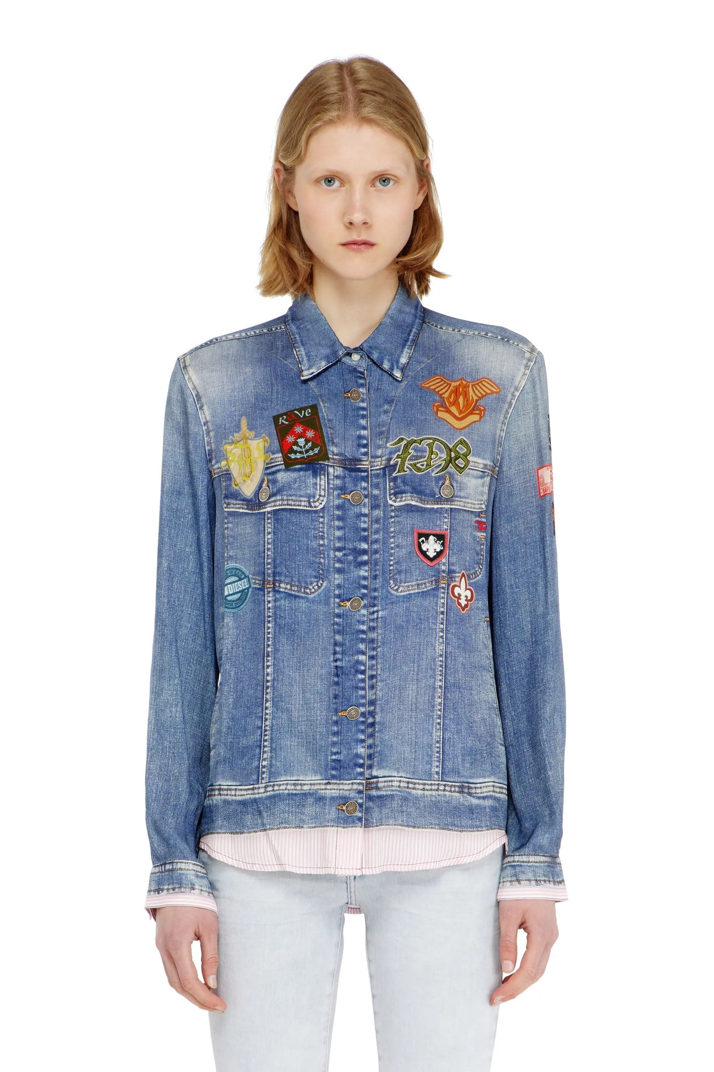 Satin shirt with trompe-l'oeil denim print