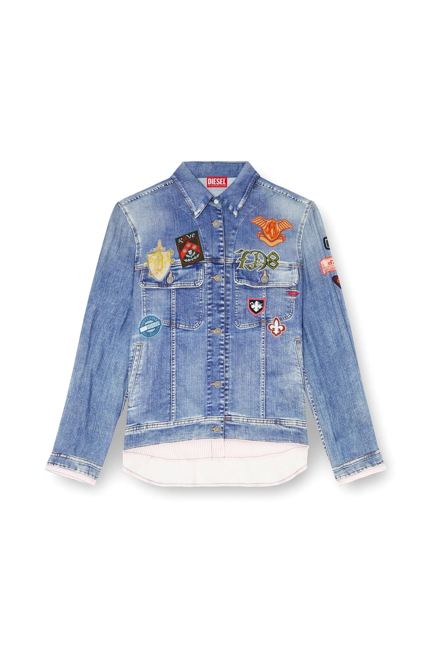 Satin shirt with trompe-l'oeil denim print