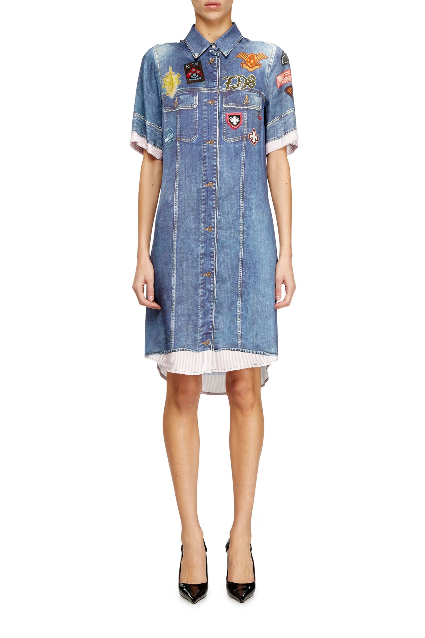 Satin shirt-dress with trompe-l’oeil denim print