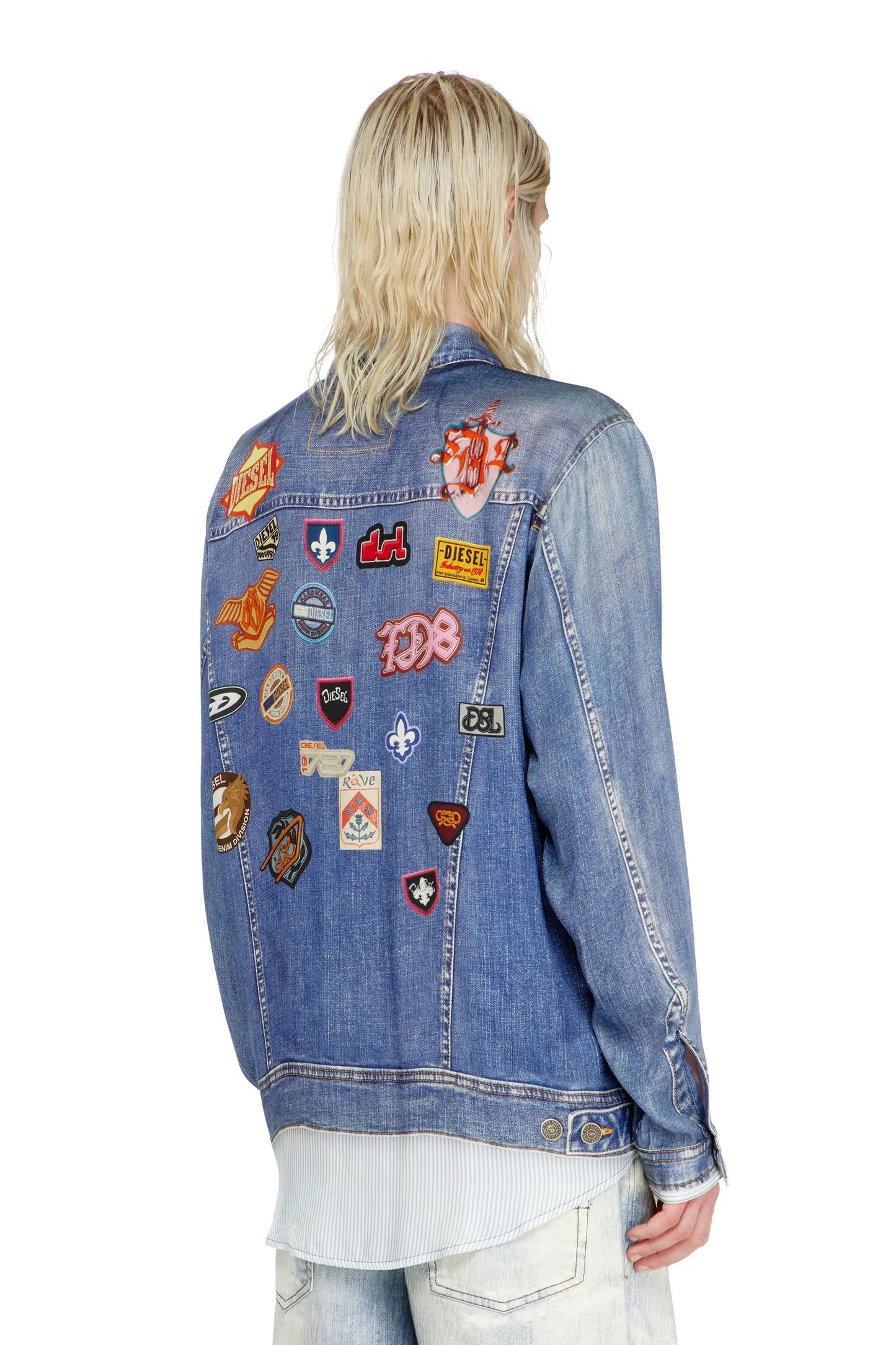 Satin shirt with trompe-l'oeil denim print
