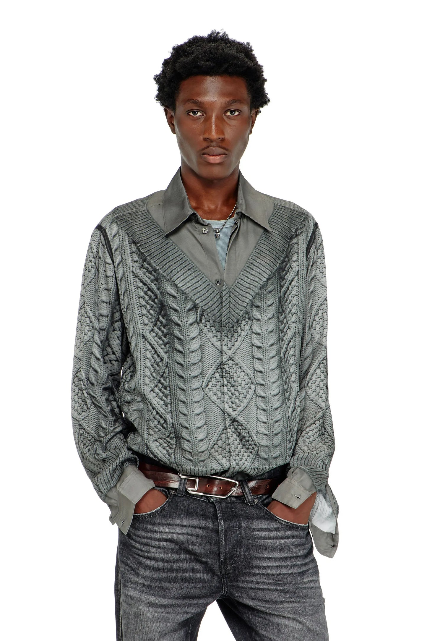 Long sleeve shirt with trompe l’oeil knit print