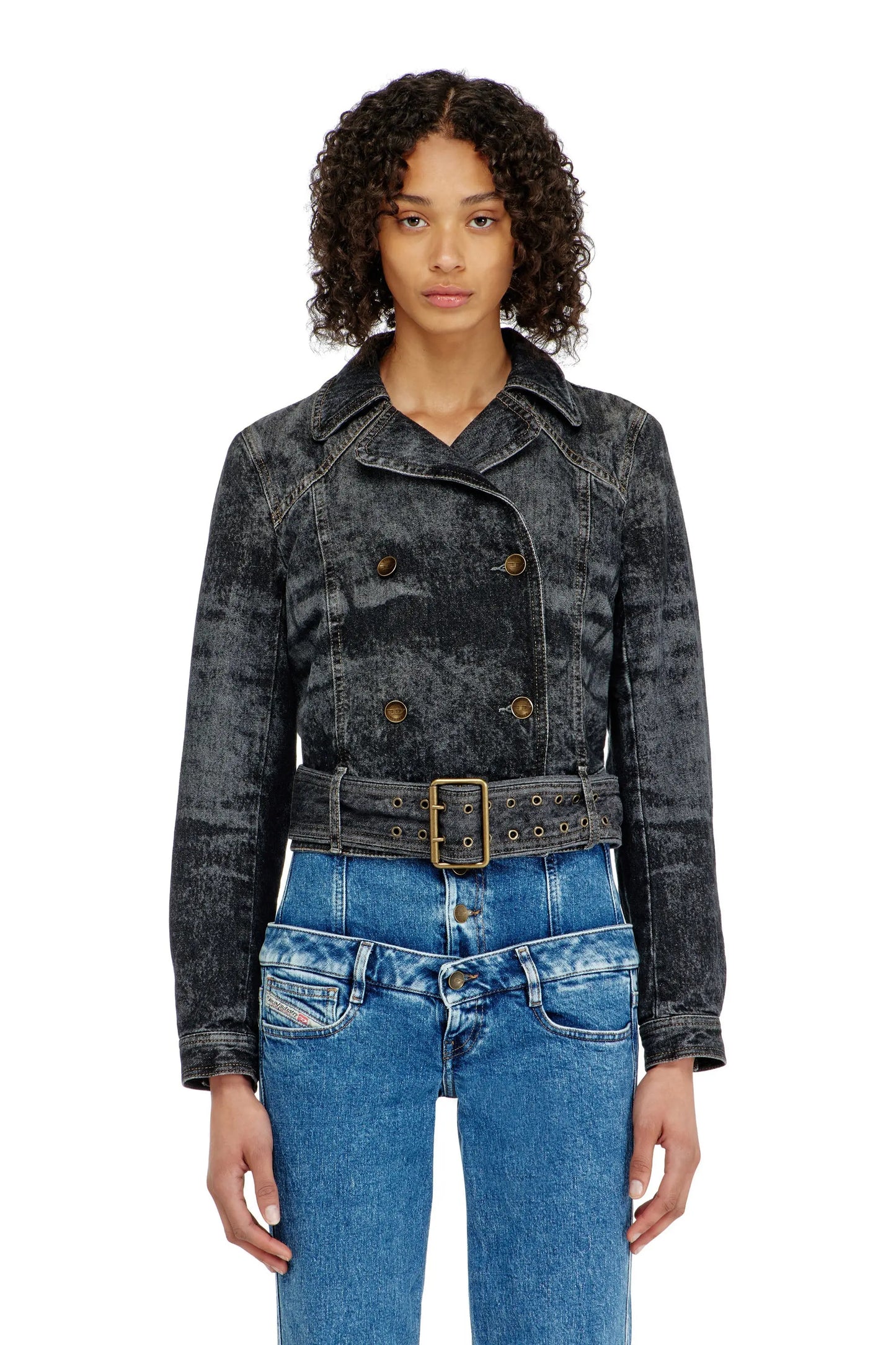 Cropped denim jacket with belt