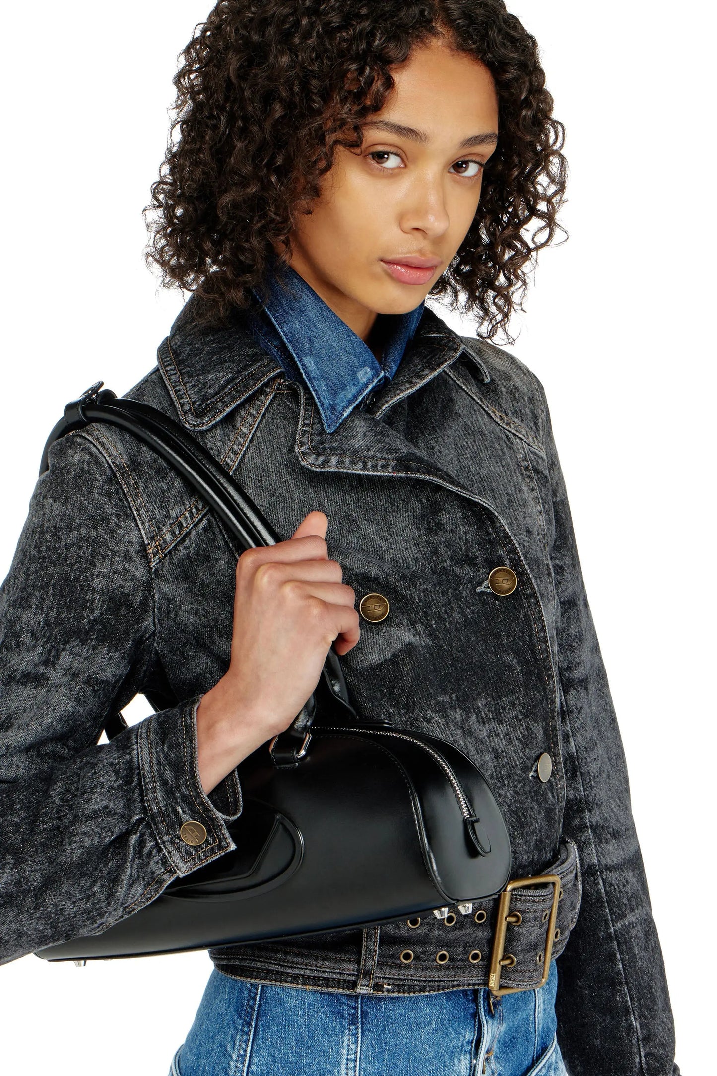 Cropped denim jacket with belt