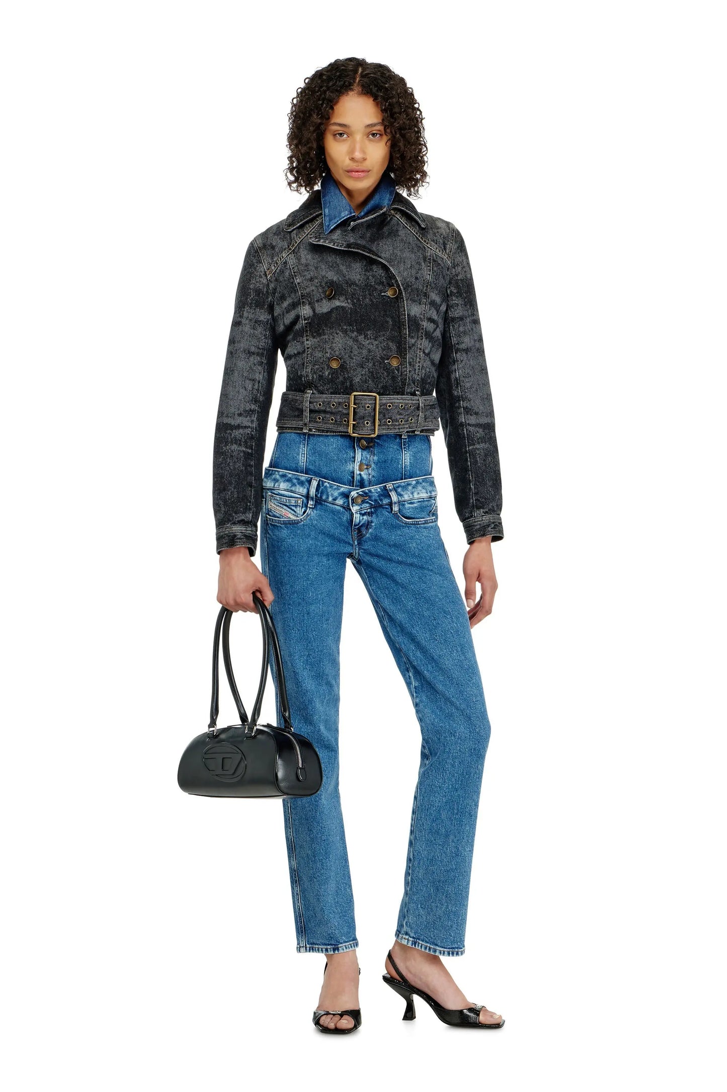 Cropped denim jacket with belt