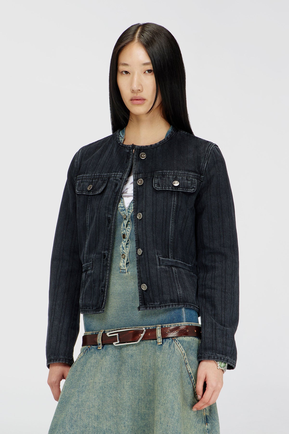 Collarless jacket in pinstripe denim