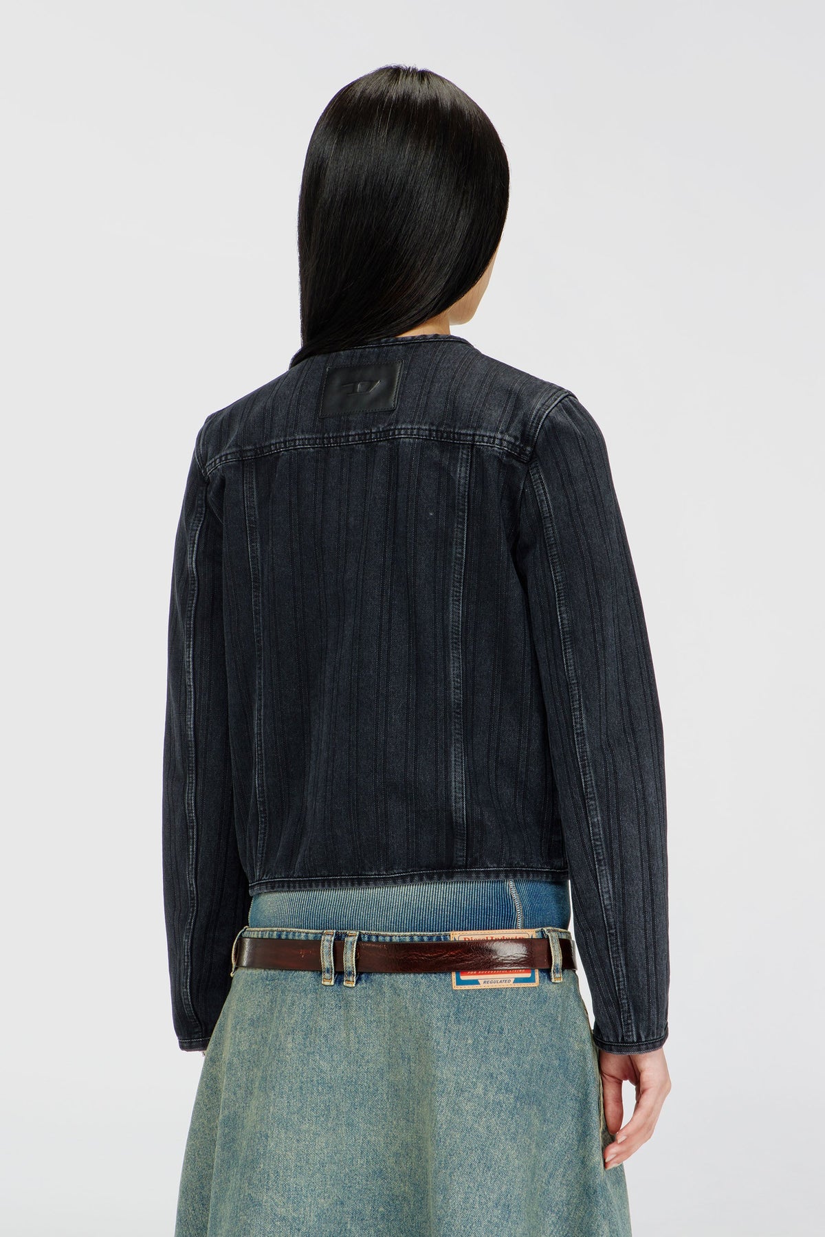 Collarless jacket in pinstripe denim