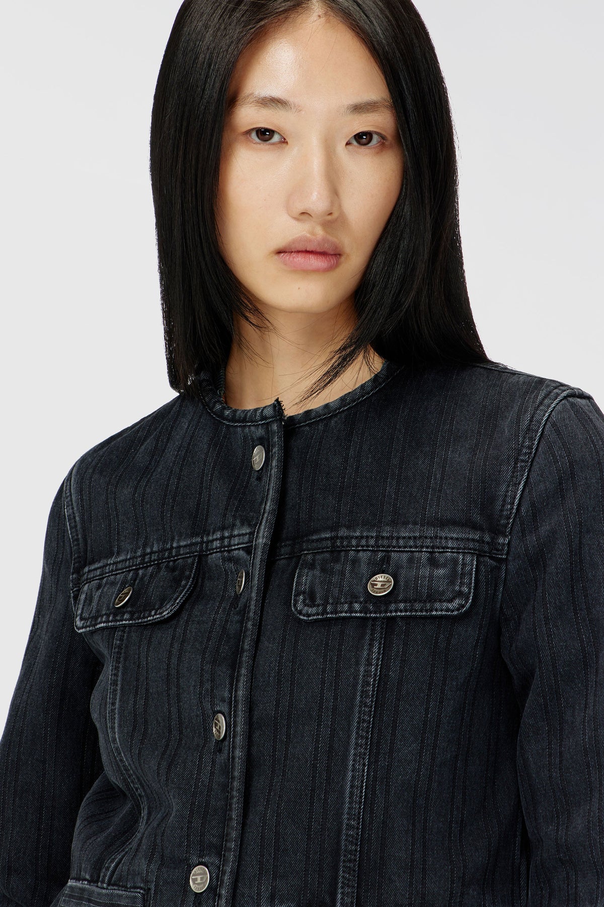 Collarless jacket in pinstripe denim