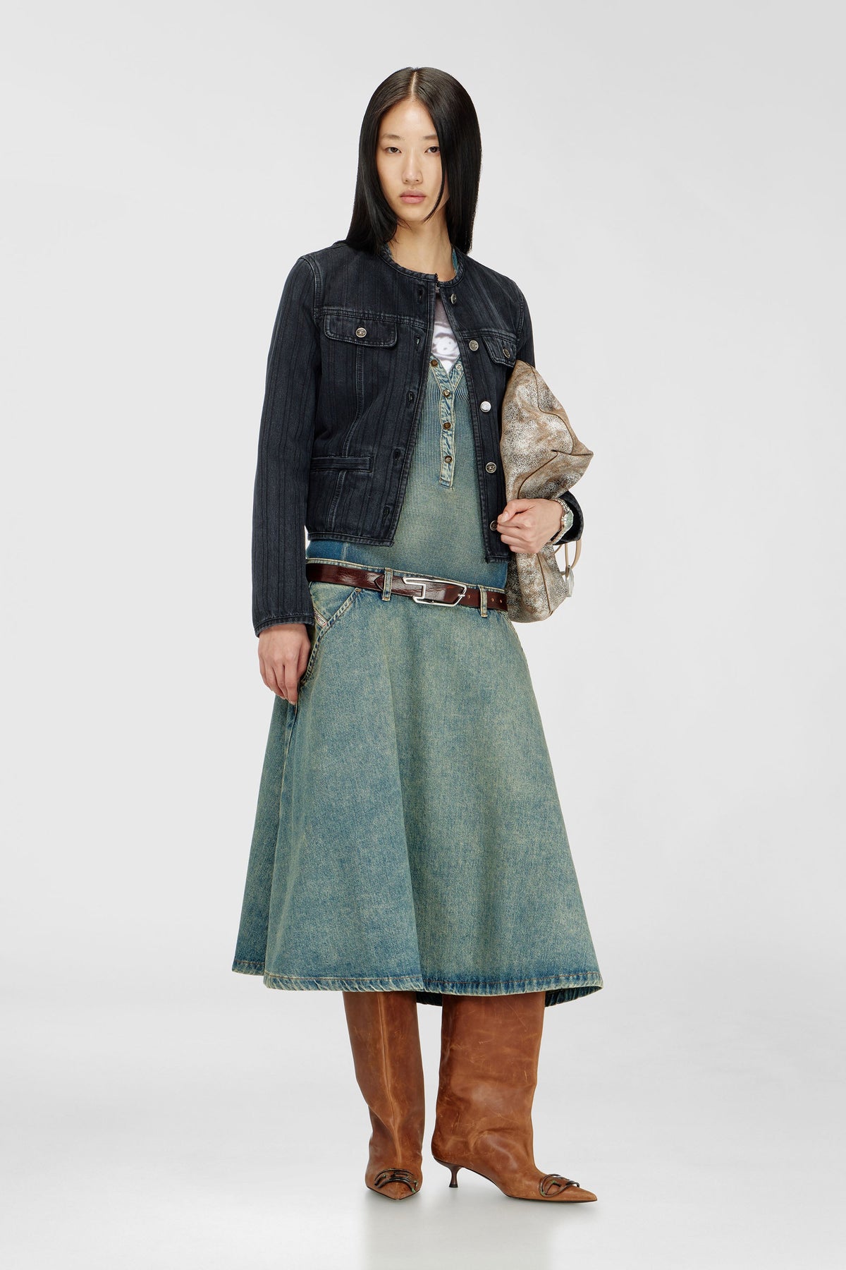 Collarless jacket in pinstripe denim