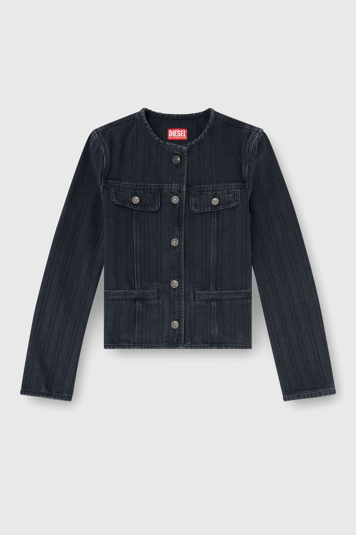 Collarless jacket in pinstripe denim