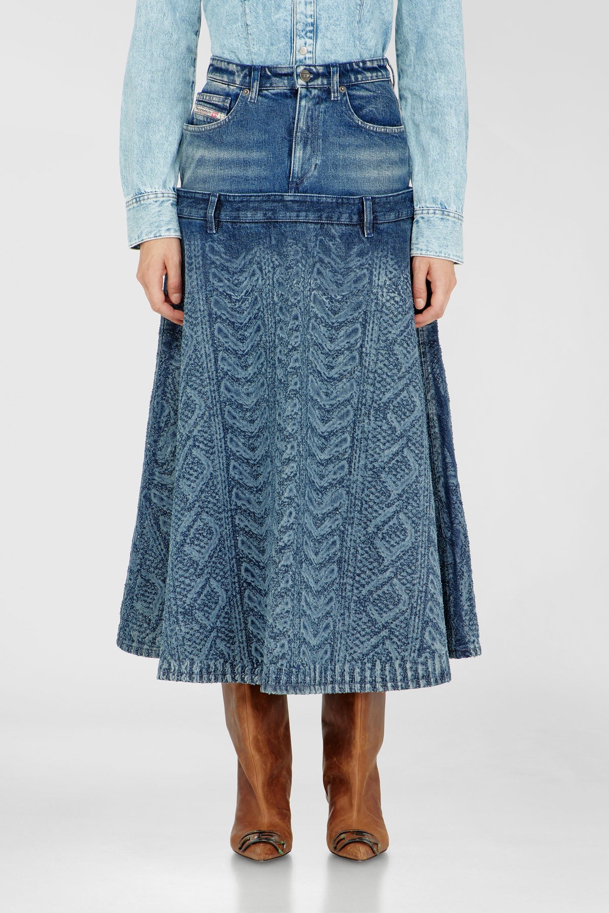 Midi skirt in cable-knit-effect denim