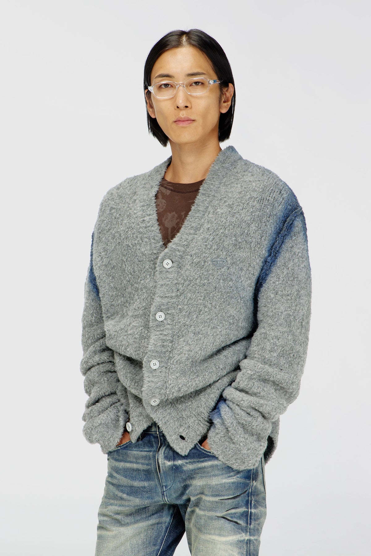 Alpaca-blend cardigan with spray-dyed seams