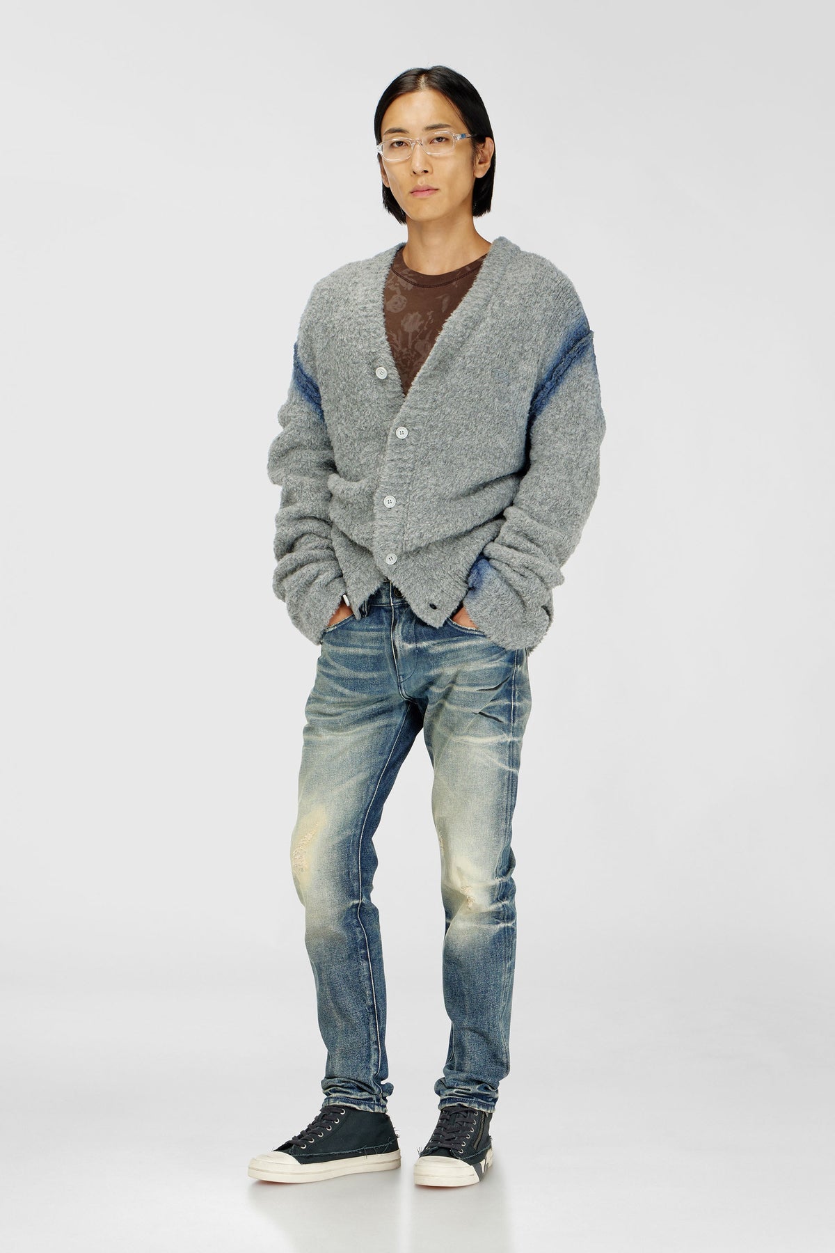 Alpaca-blend cardigan with spray-dyed seams