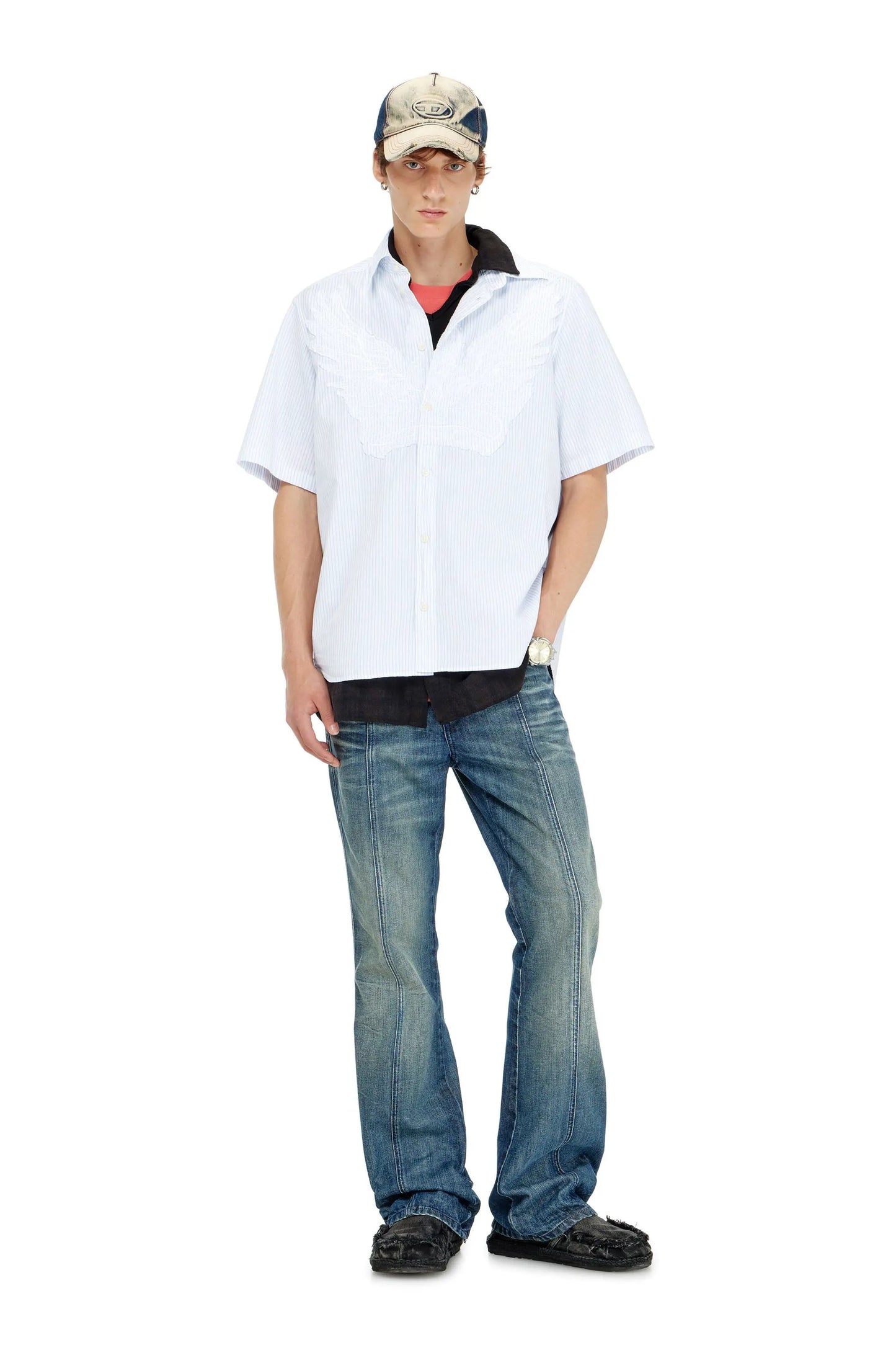 Striped poplin shirt with embroidered patch