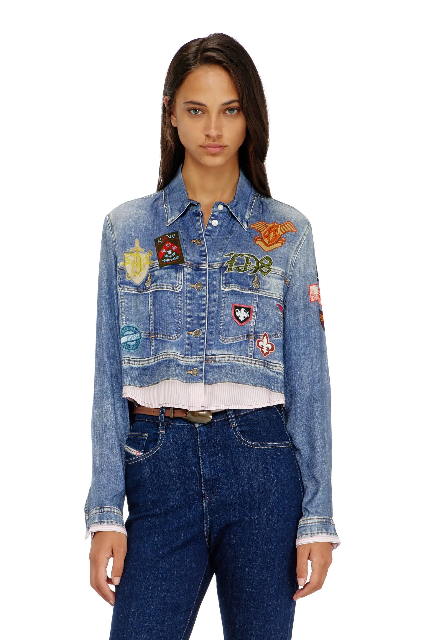 Cropped satin shirt with trompe-l’oeil denim print