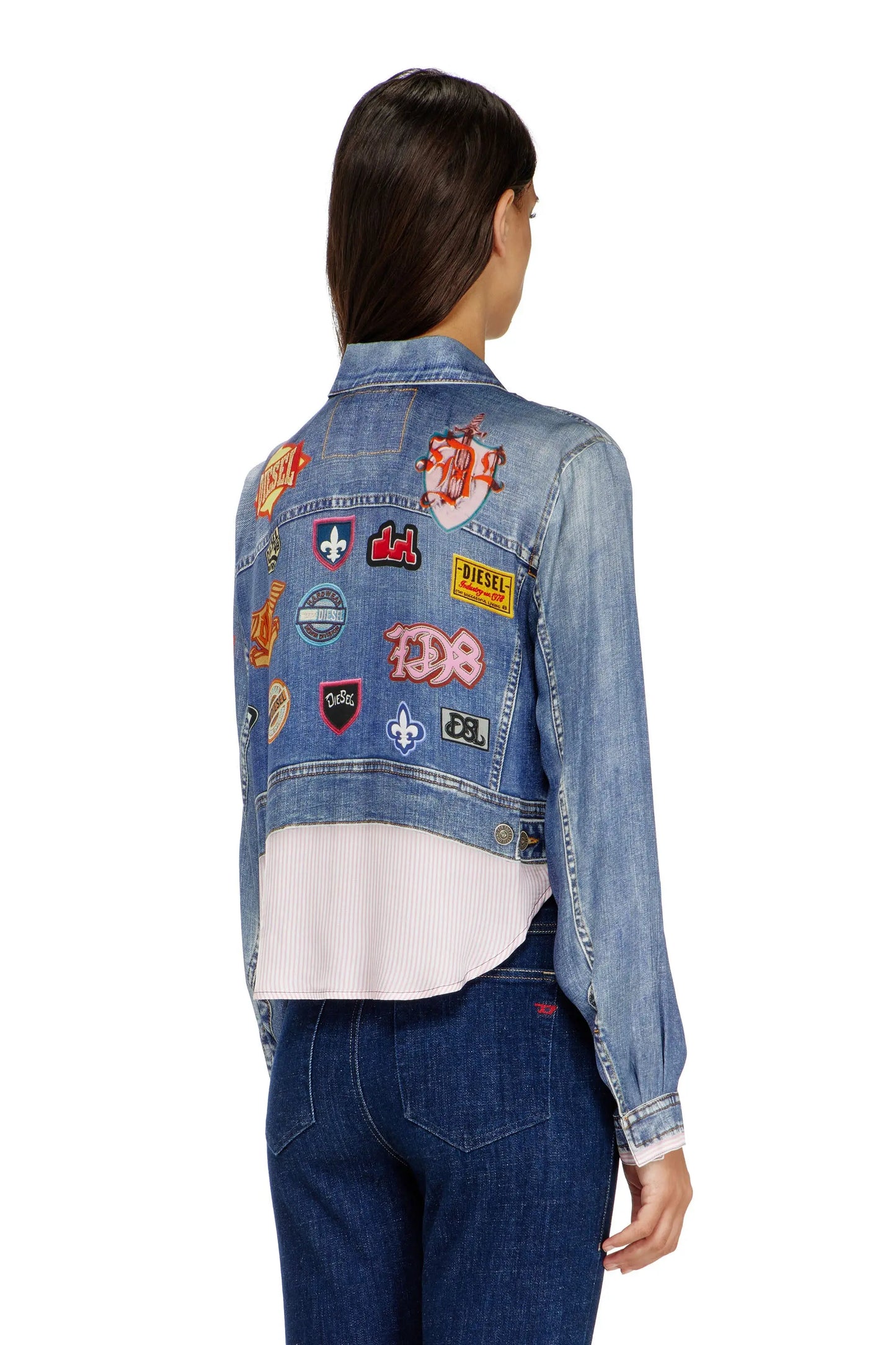 Cropped satin shirt with trompe-l’oeil denim print