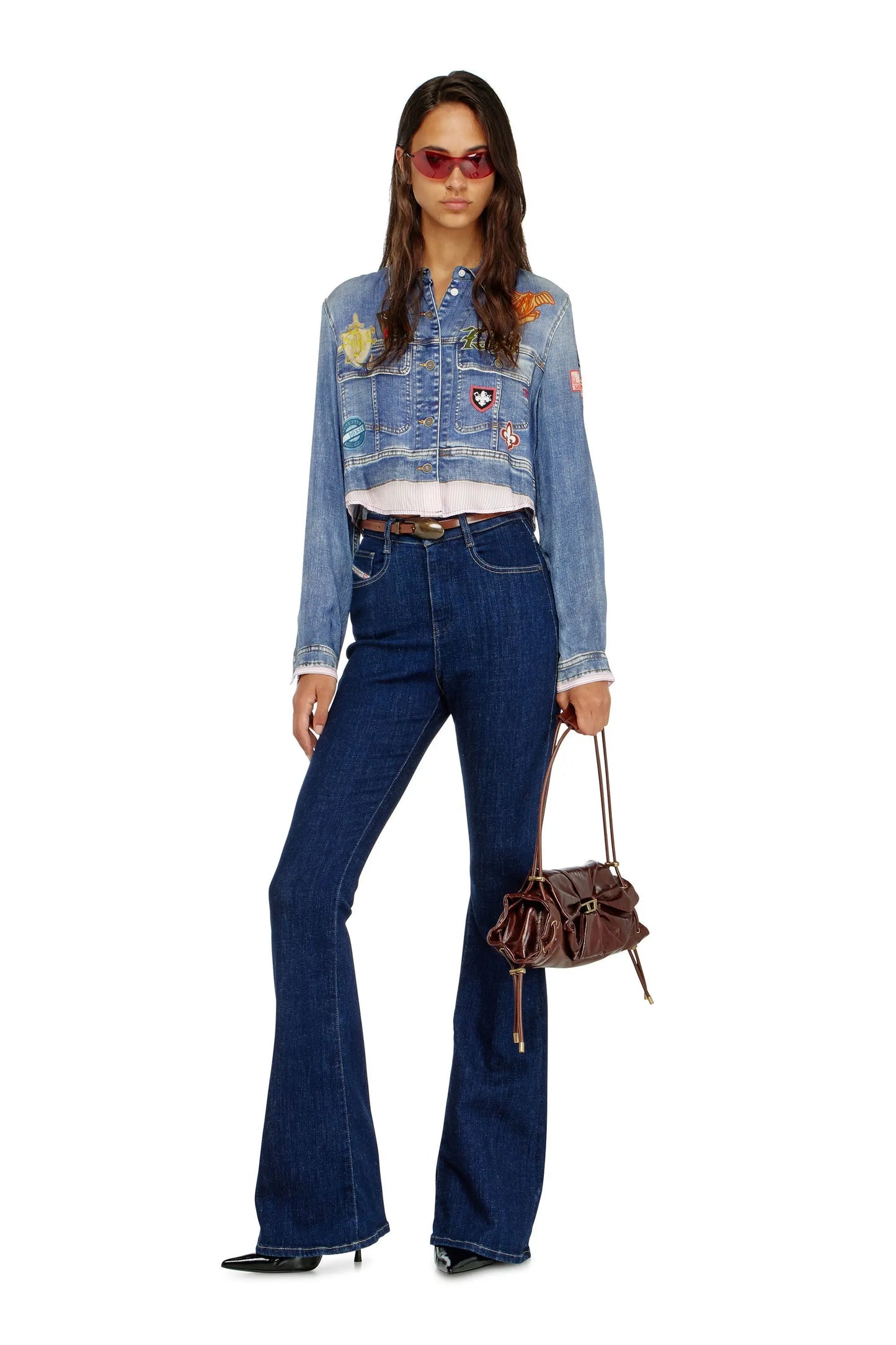 Cropped satin shirt with trompe-l’oeil denim print
