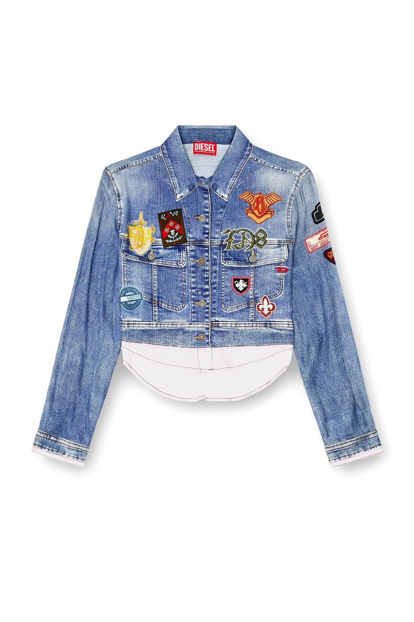 Cropped satin shirt with trompe-l’oeil denim print