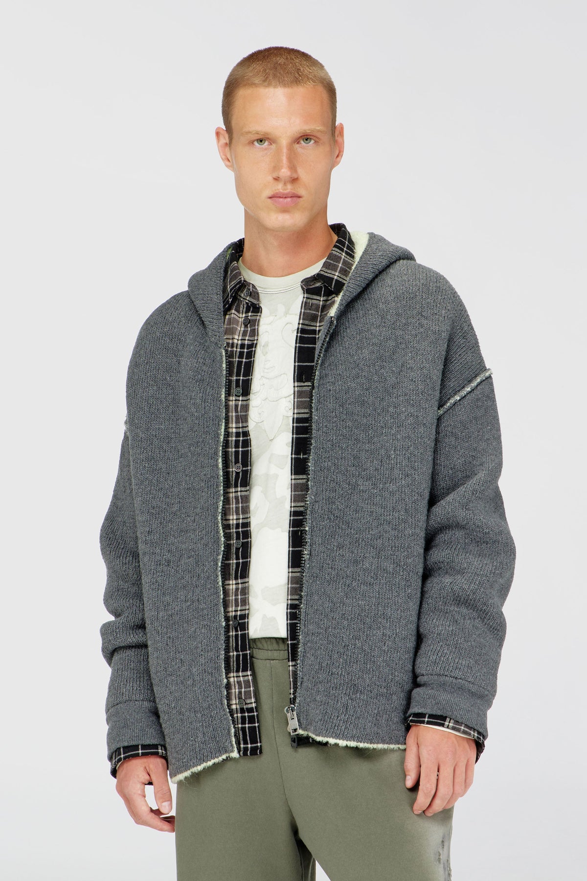 Zip-up hoodie in dual-texture knit
