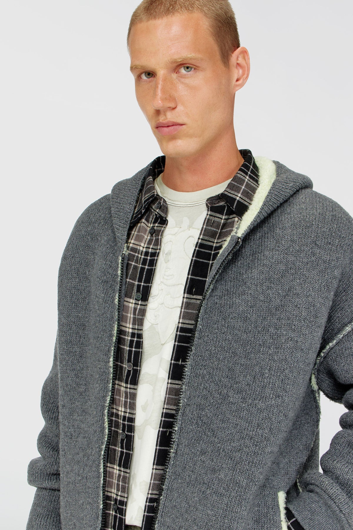 Zip-up hoodie in dual-texture knit