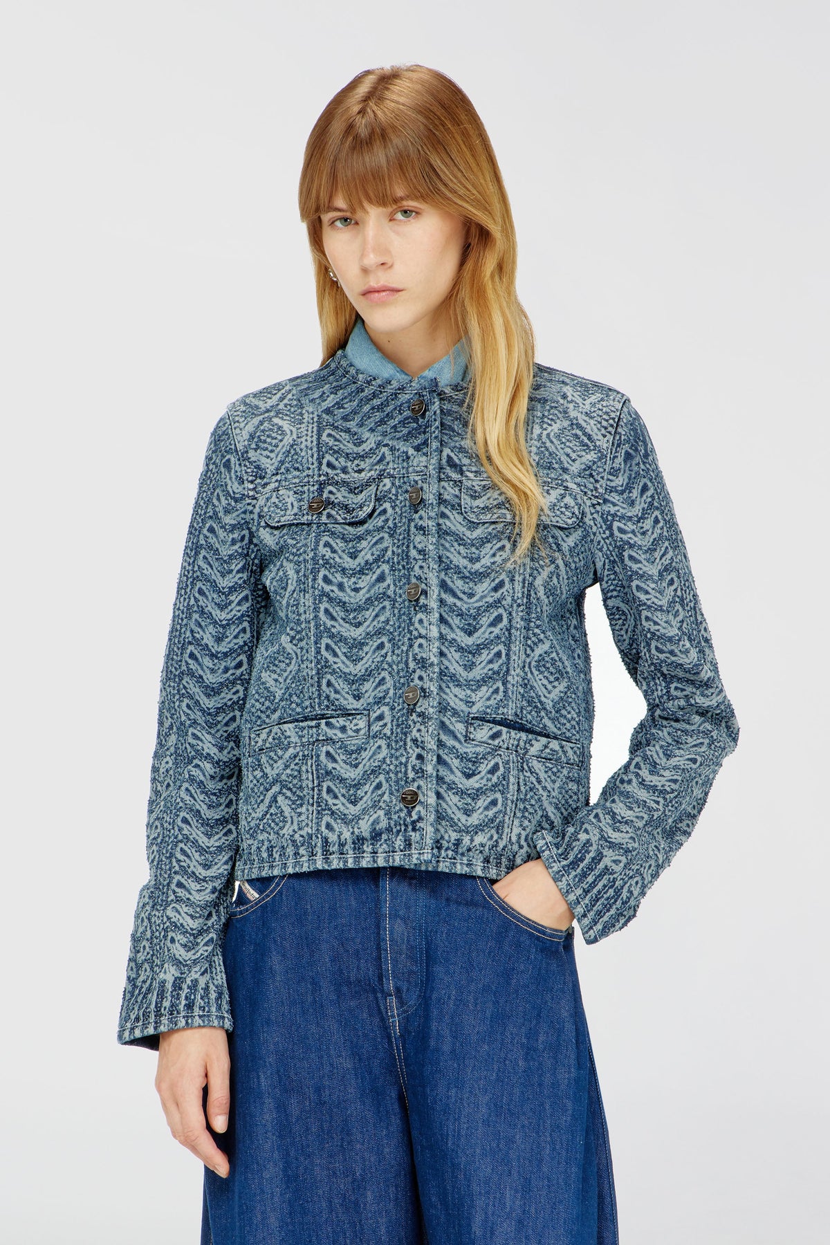 Collarless jacket in cable-knit-effect denim
