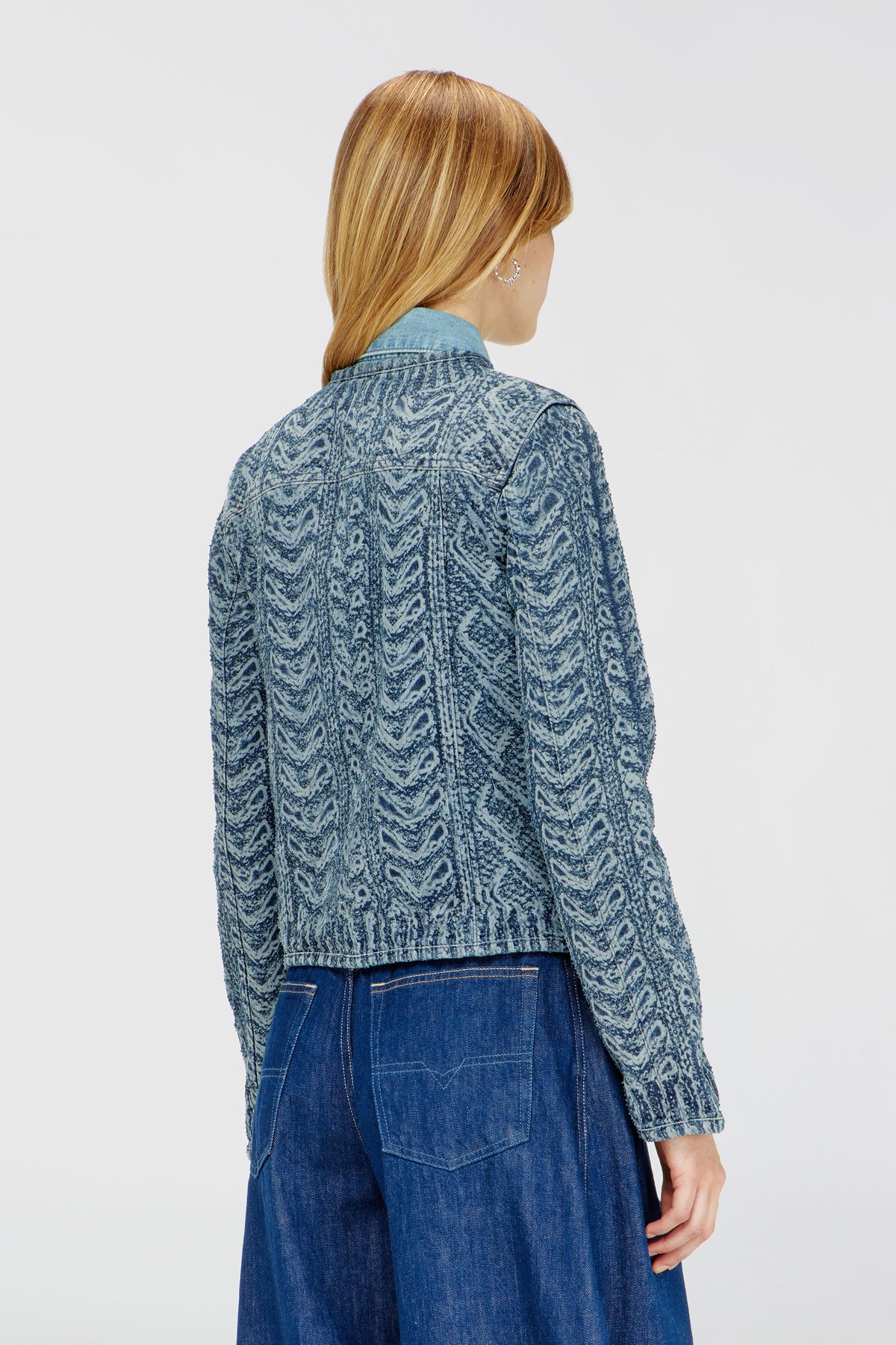 Collarless jacket in cable-knit-effect denim