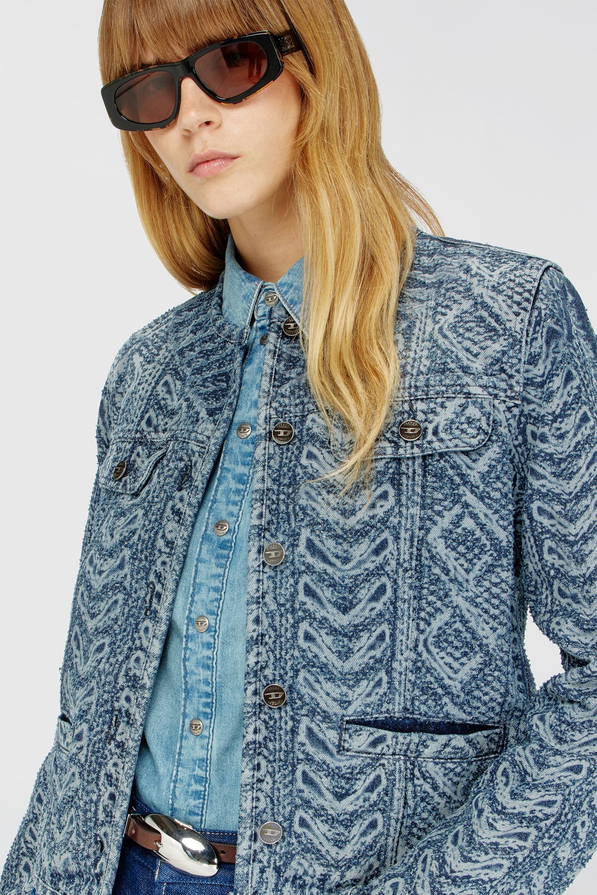 Collarless jacket in cable-knit-effect denim