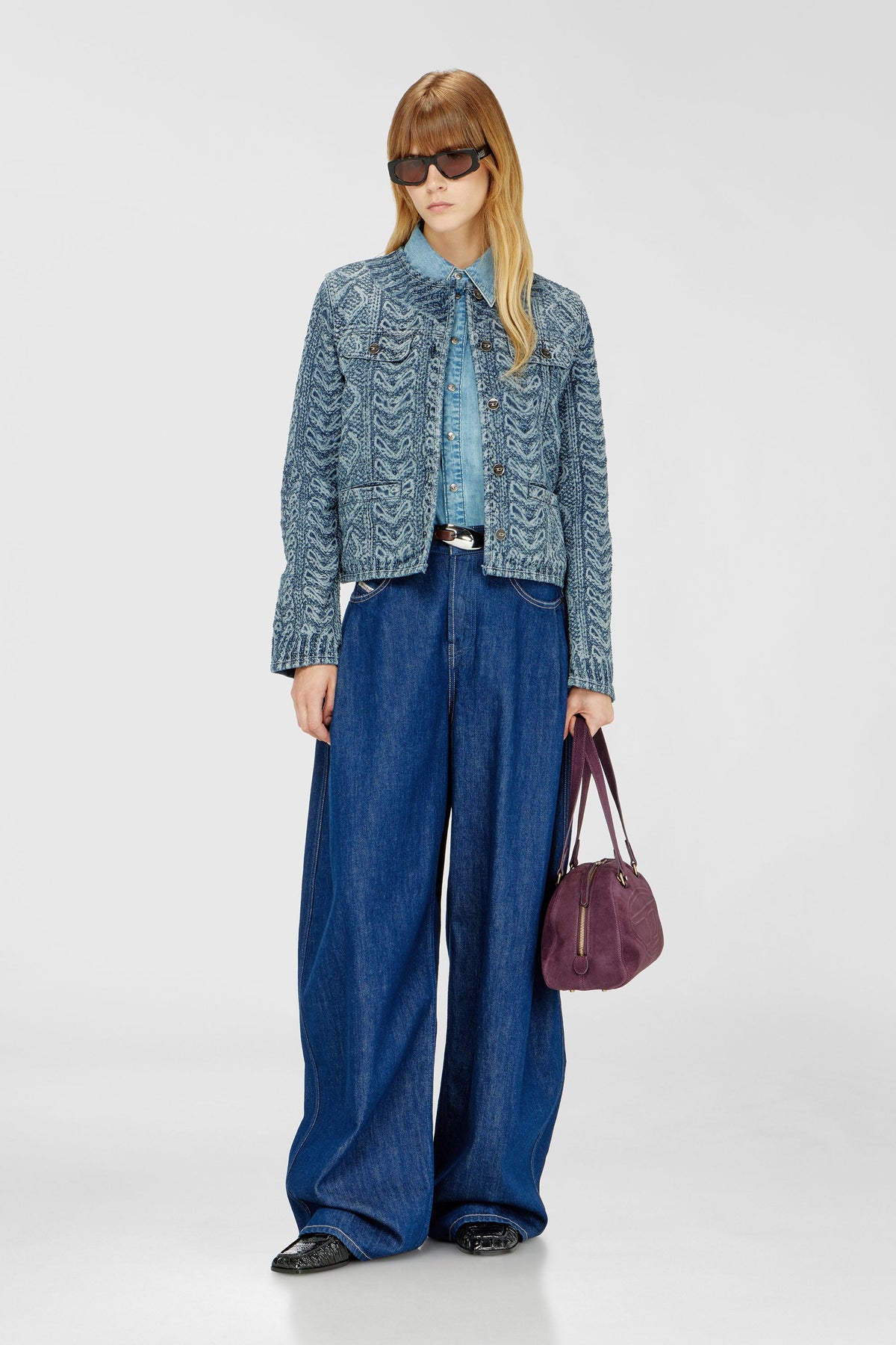 Collarless jacket in cable-knit-effect denim