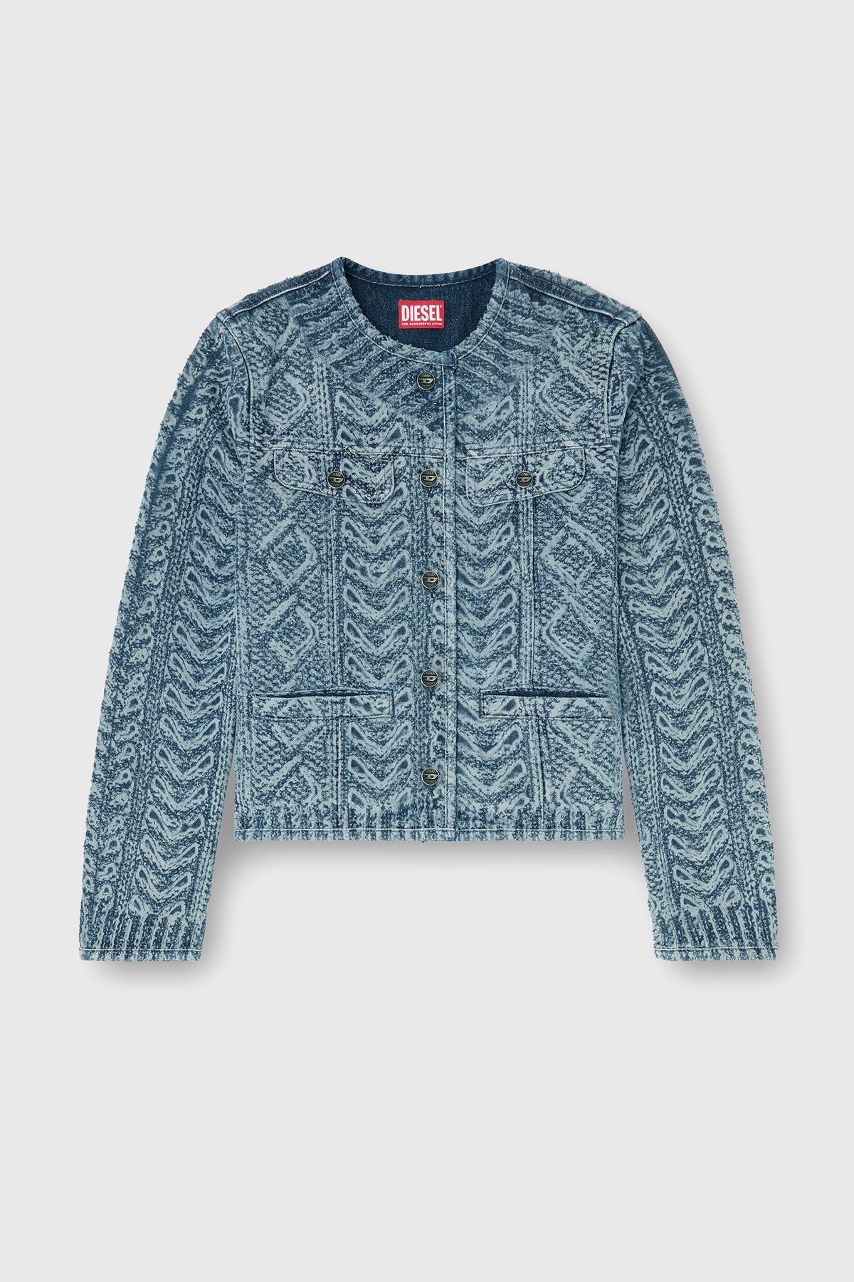 Collarless jacket in cable-knit-effect denim