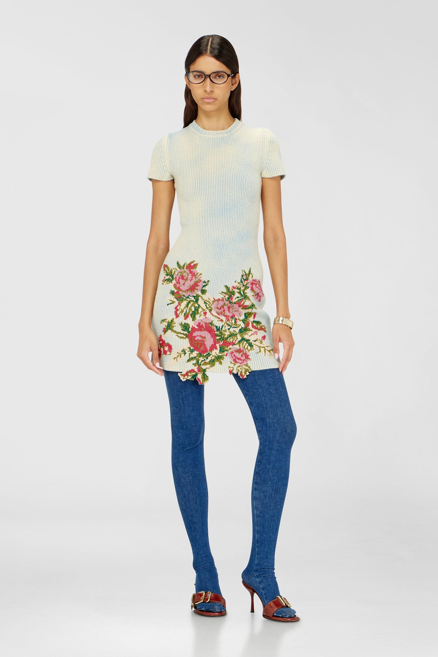 Short dress in floral wool-blend knit