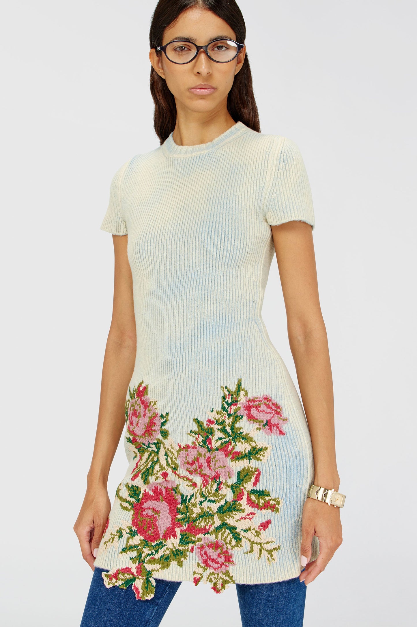 Short dress in floral wool-blend knit