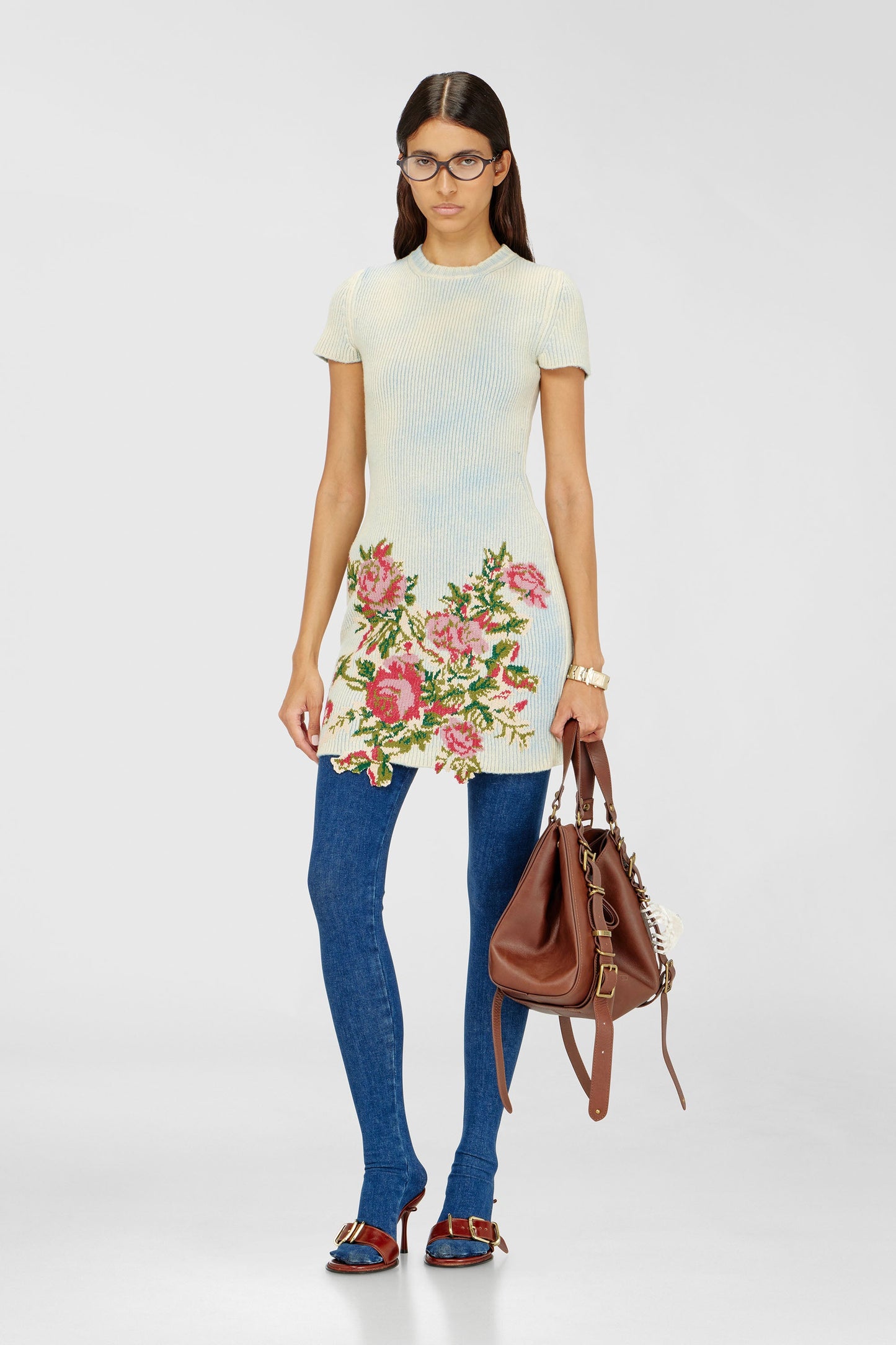 Short dress in floral wool-blend knit