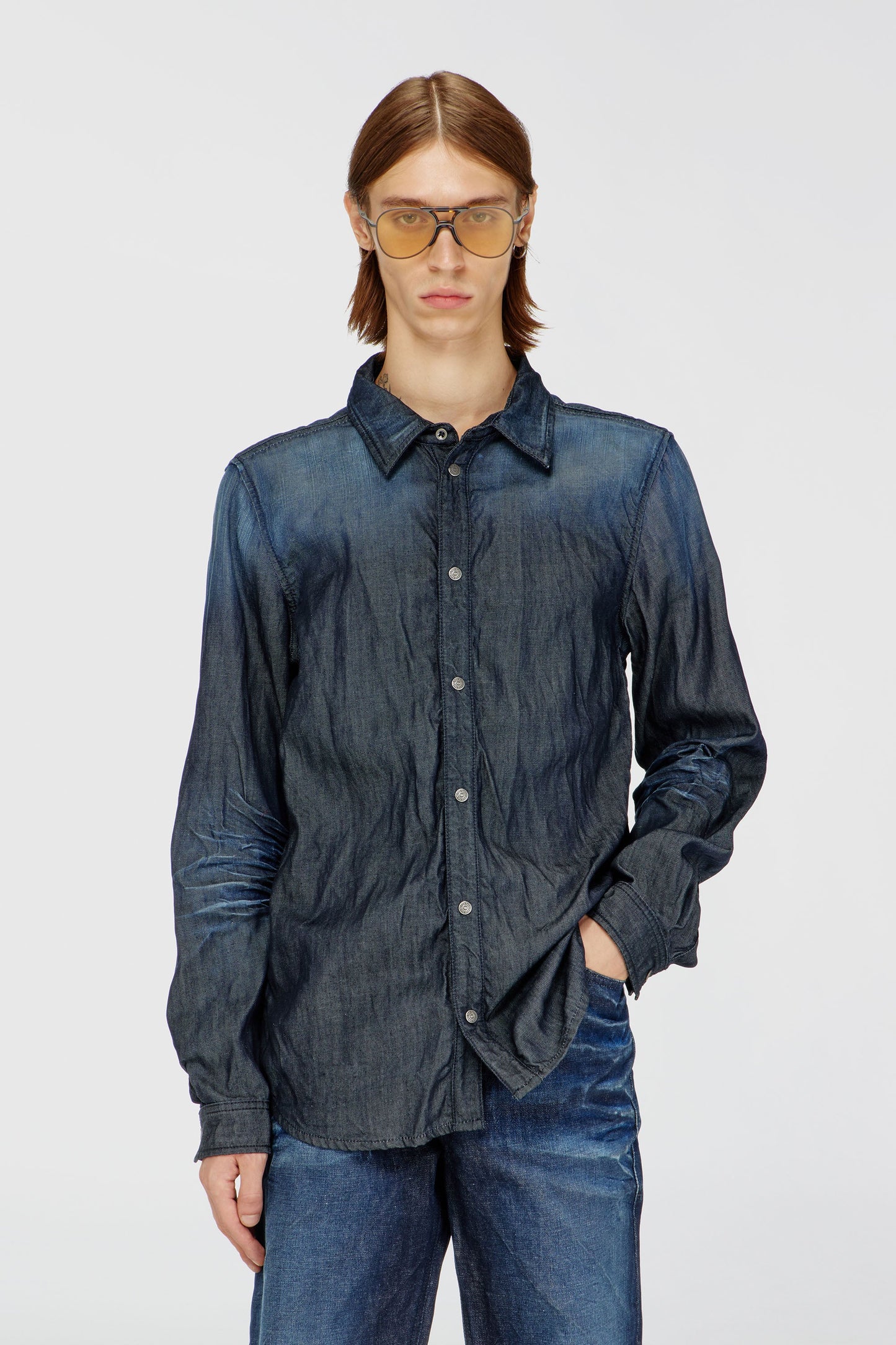 Shirt in creased denim