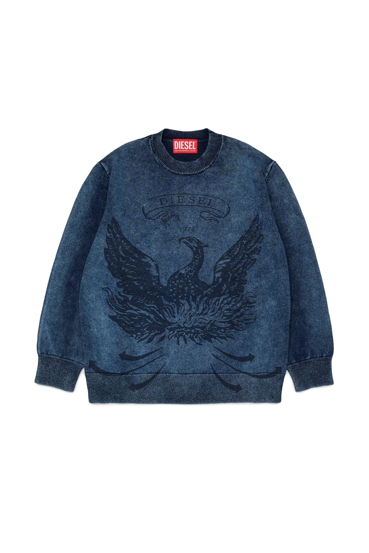Denim-effect jumper with phoenix motif