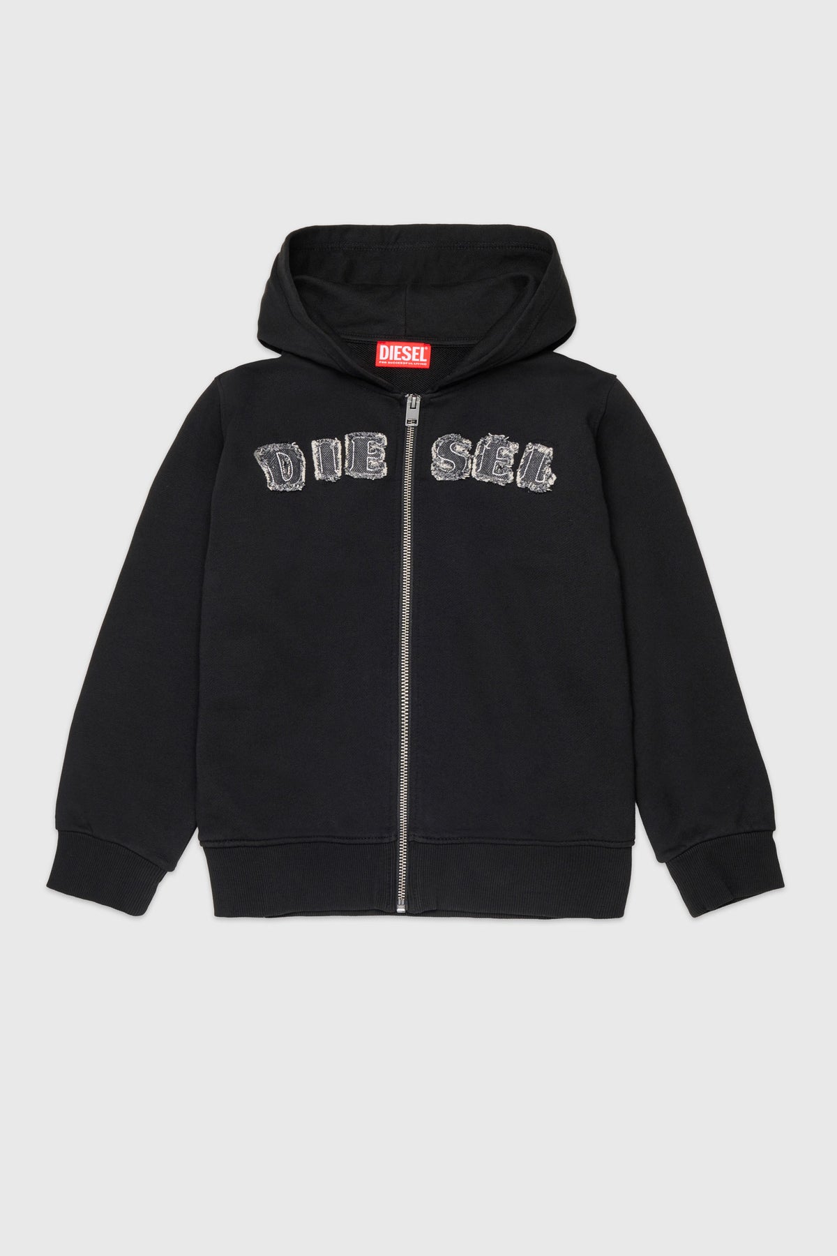 Zip-up hoodie with frayed logo letters