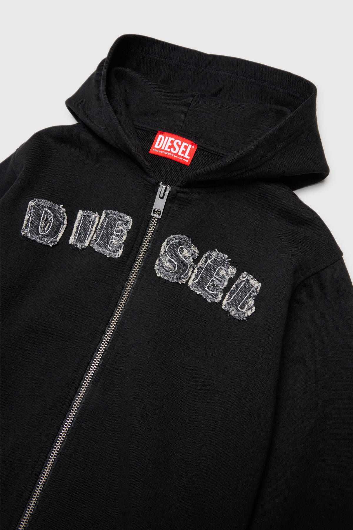 Zip-up hoodie with frayed logo letters