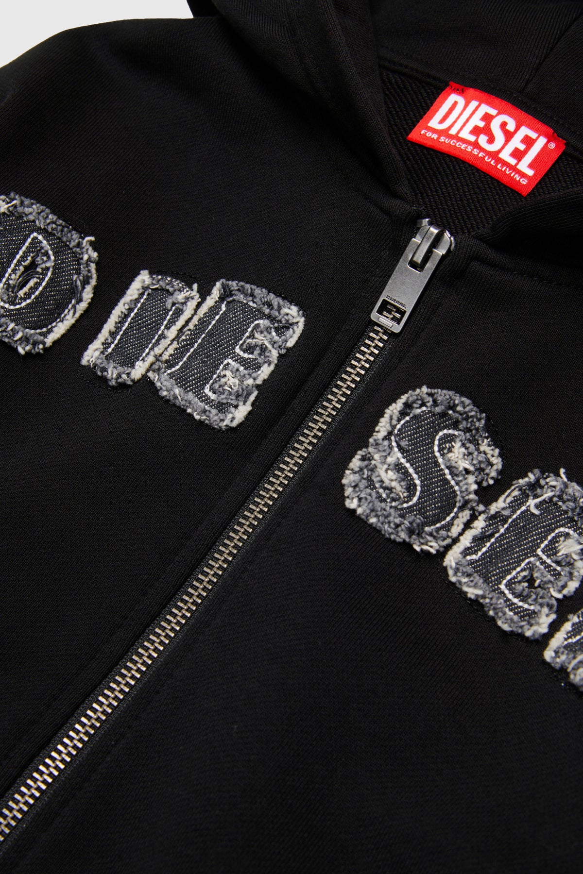 Zip-up hoodie with frayed logo letters