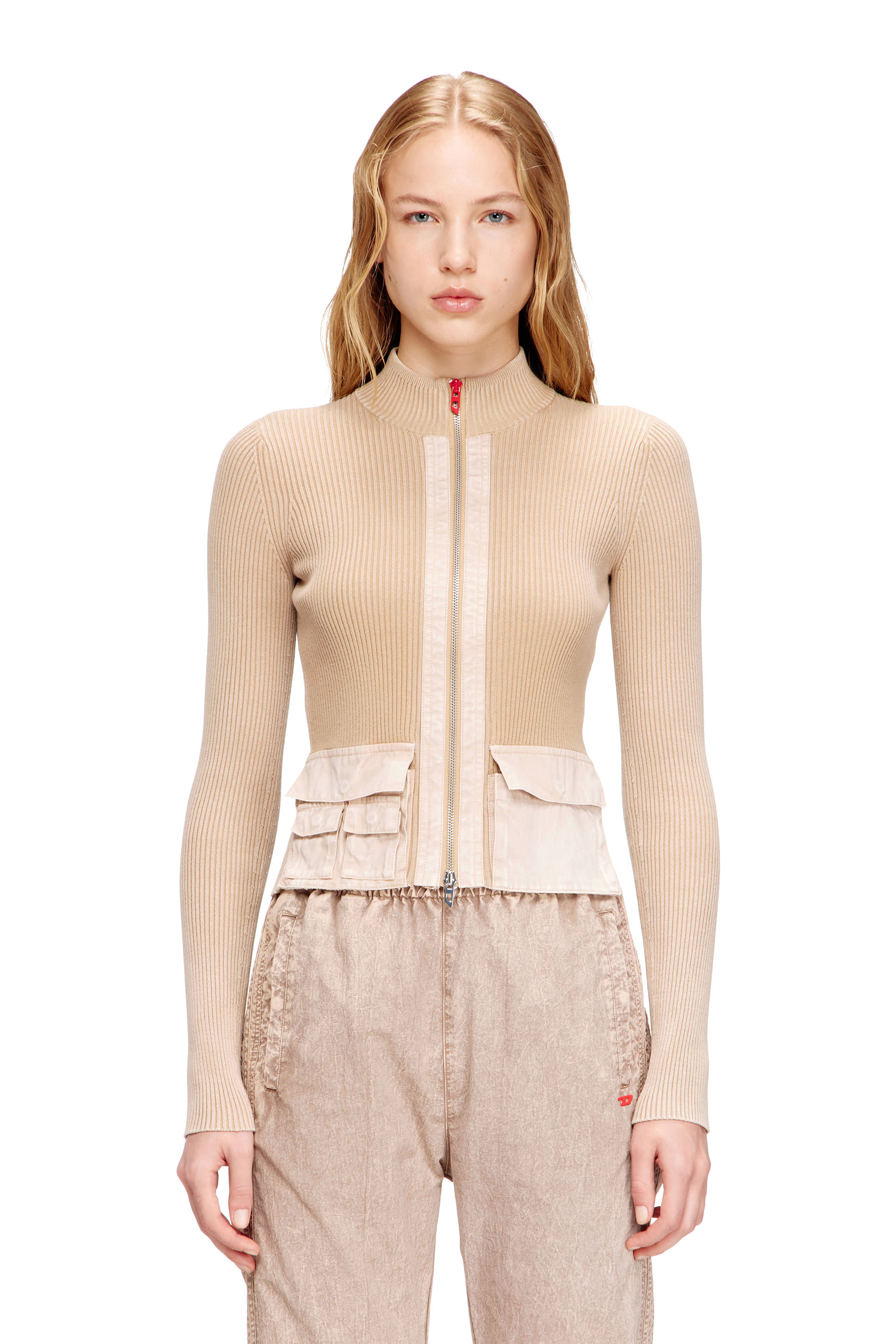 

Zip-up cardigan with denim cargo pockets