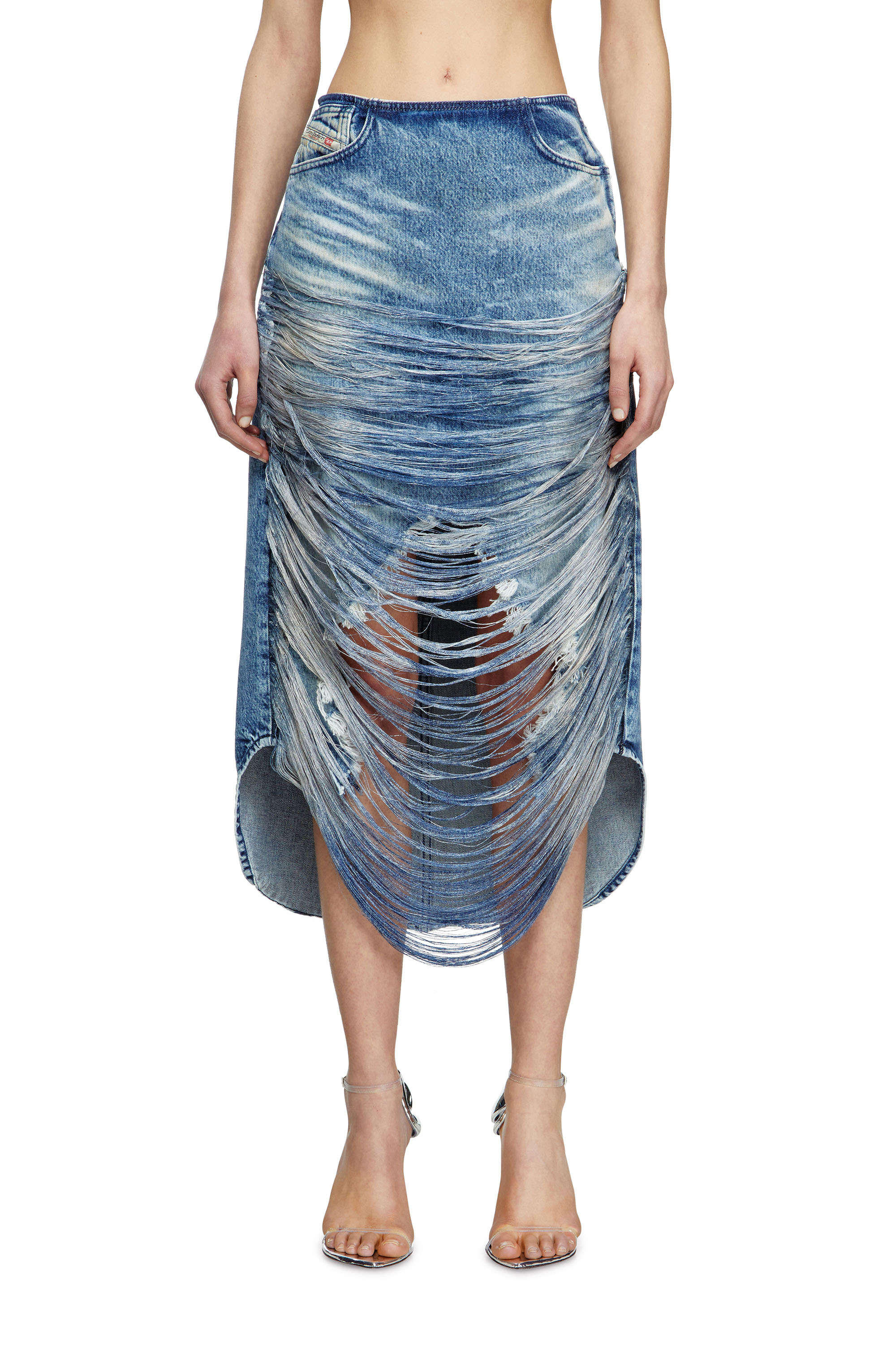 

Midi skirt in distressed fringed denim
