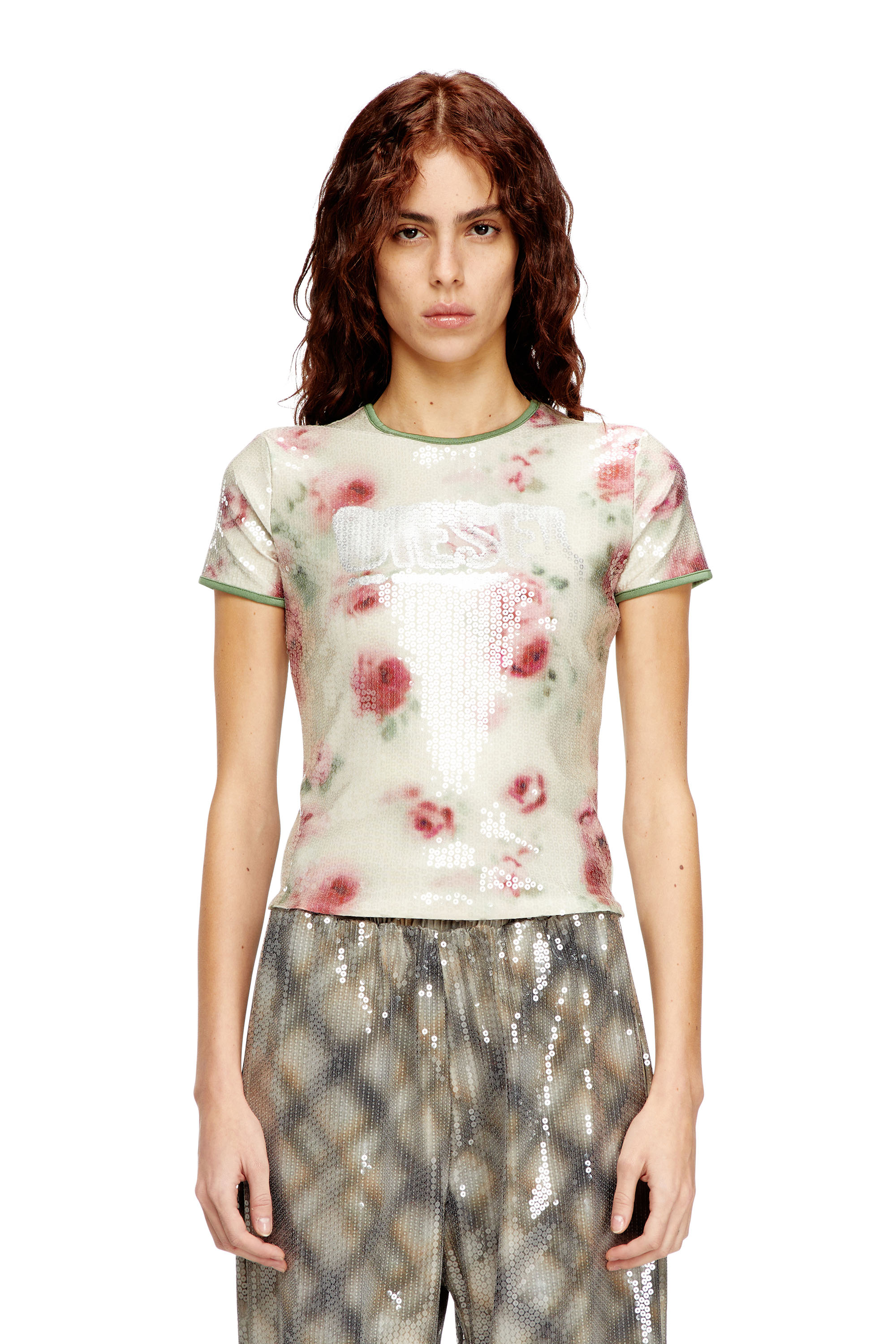 

Skinny floral print jersey top with sequins