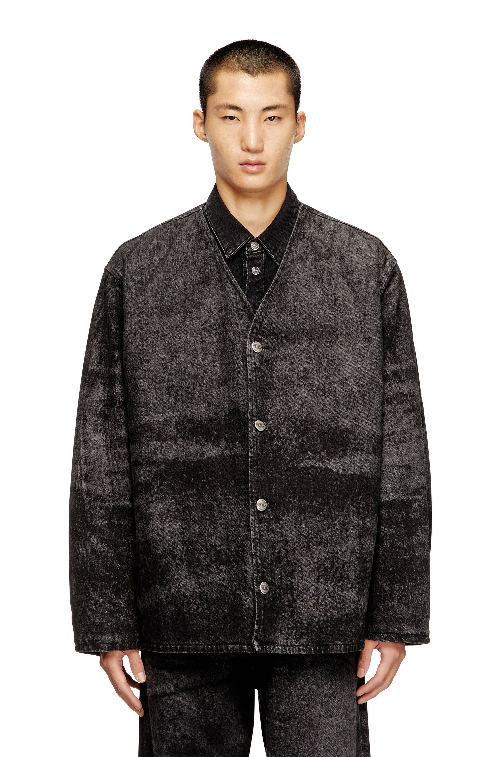 

V-neck jacket in lasered cotton-hemp denim