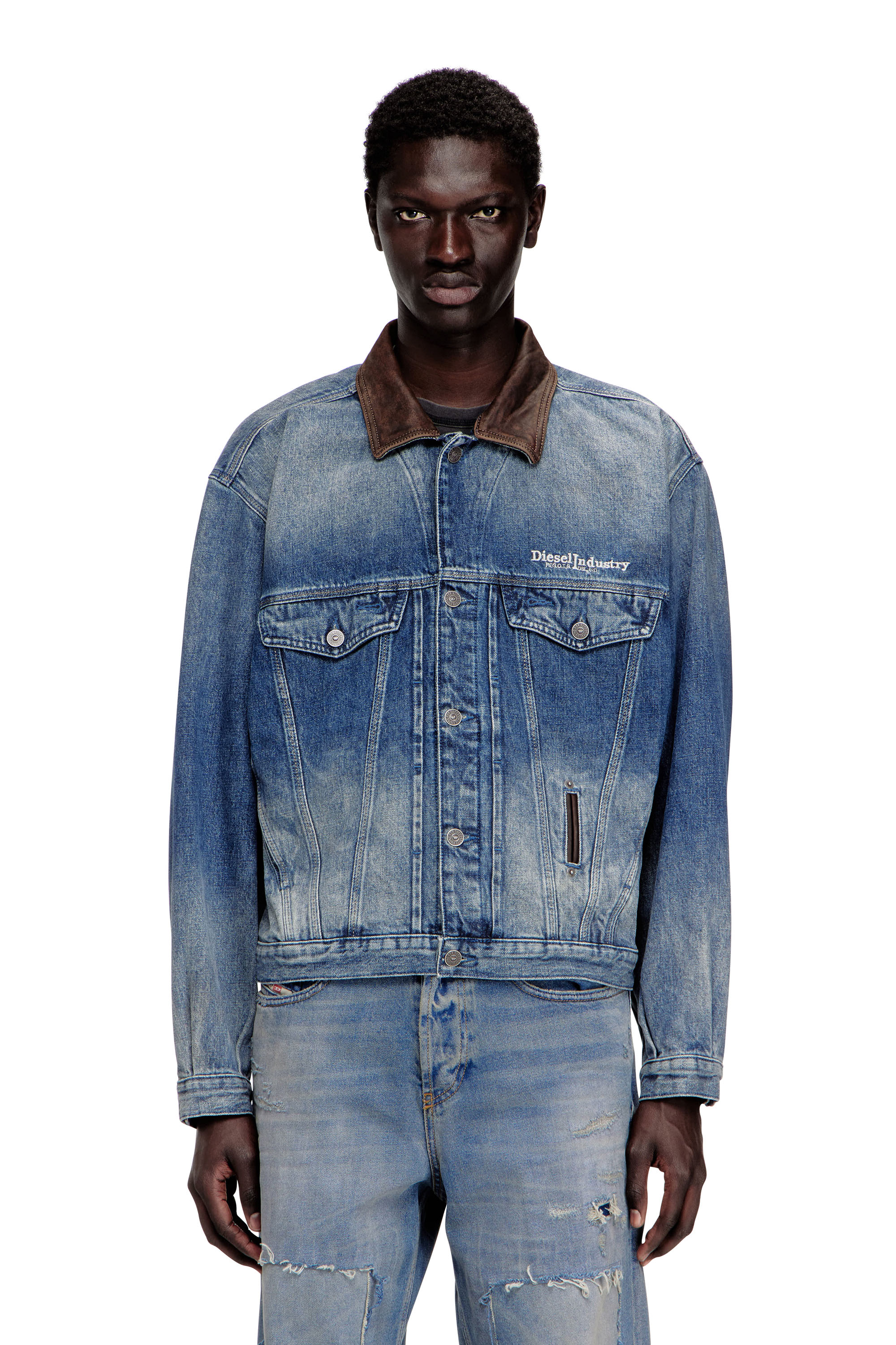 

Denim trucker jacket with contrast leather trims