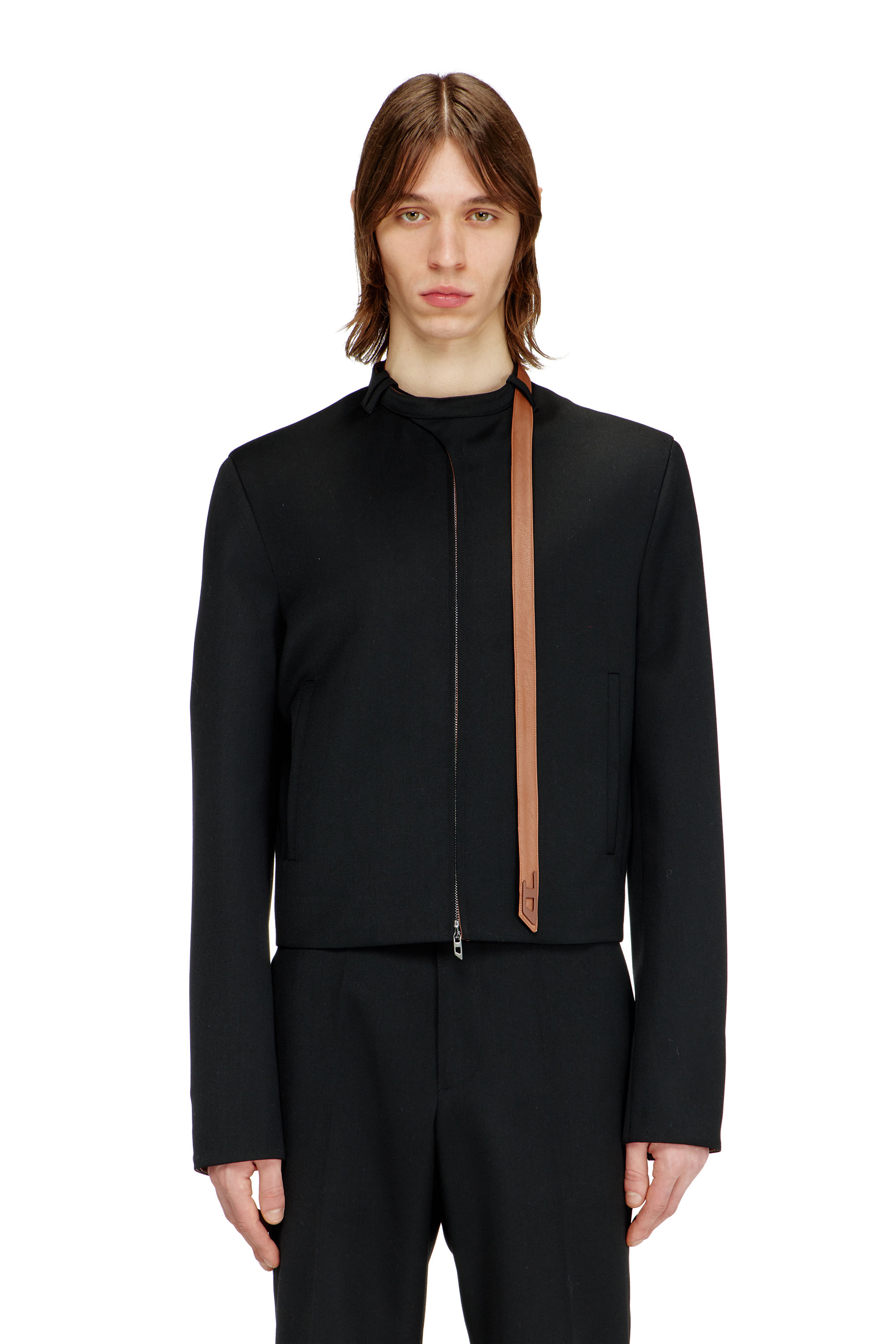 

Tailored jacket with biker neck strap