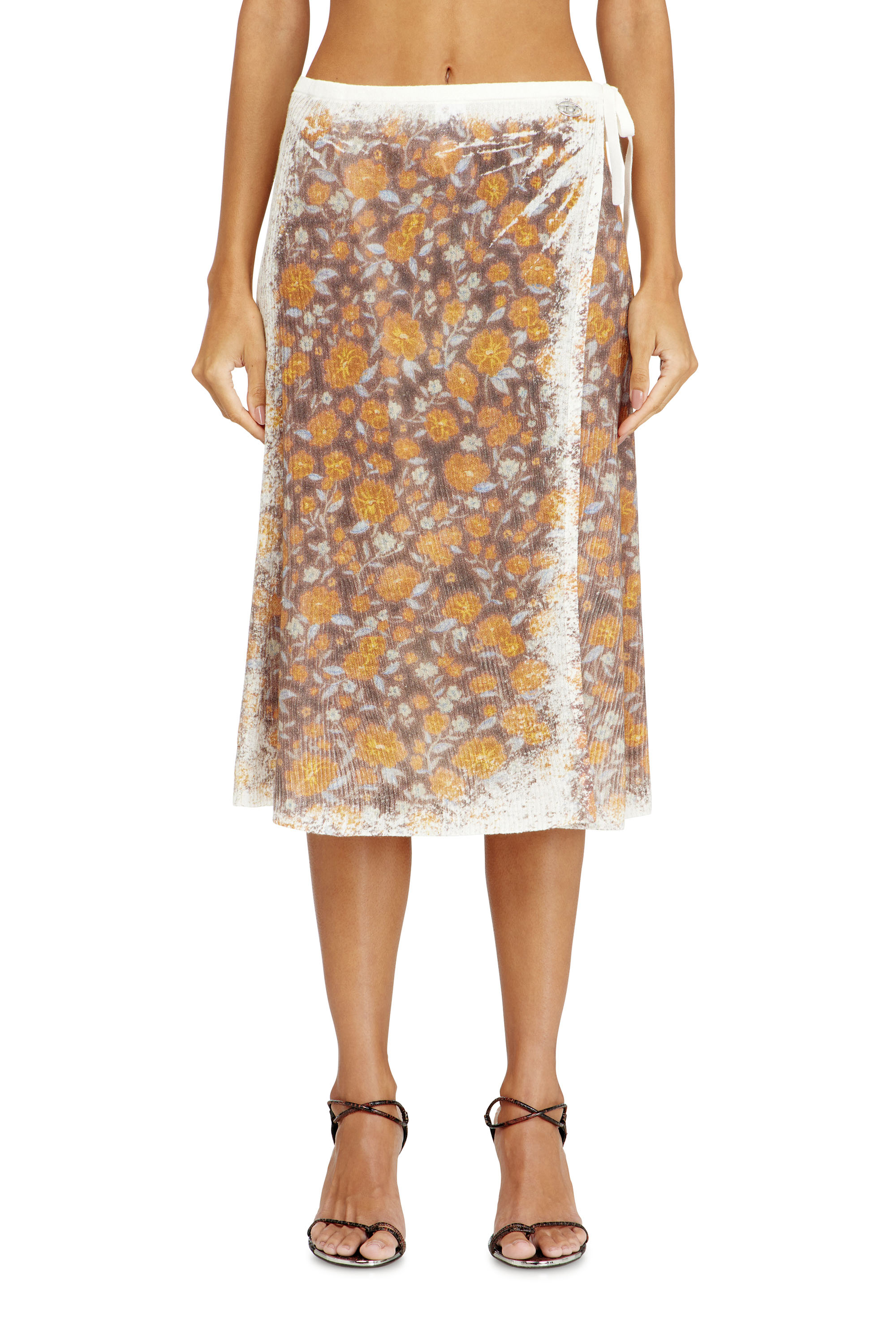 

Floral-print midi wrap skirt in linen knit